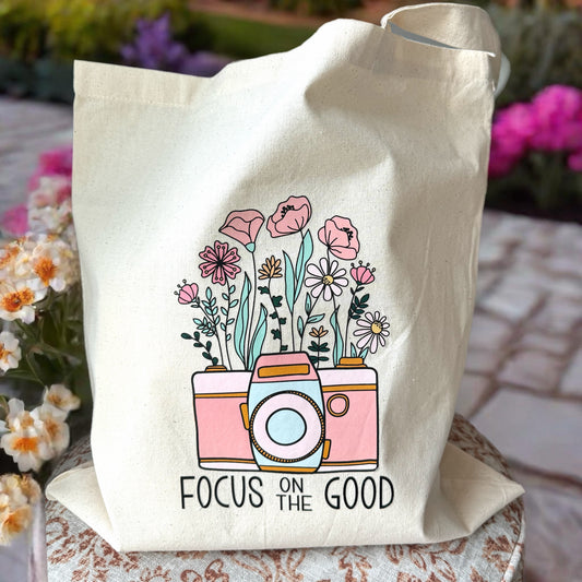 FOCUS ON THE GOOD Beige Canvas Tote Bag Groceries, Books, Travel, Beach Bag
