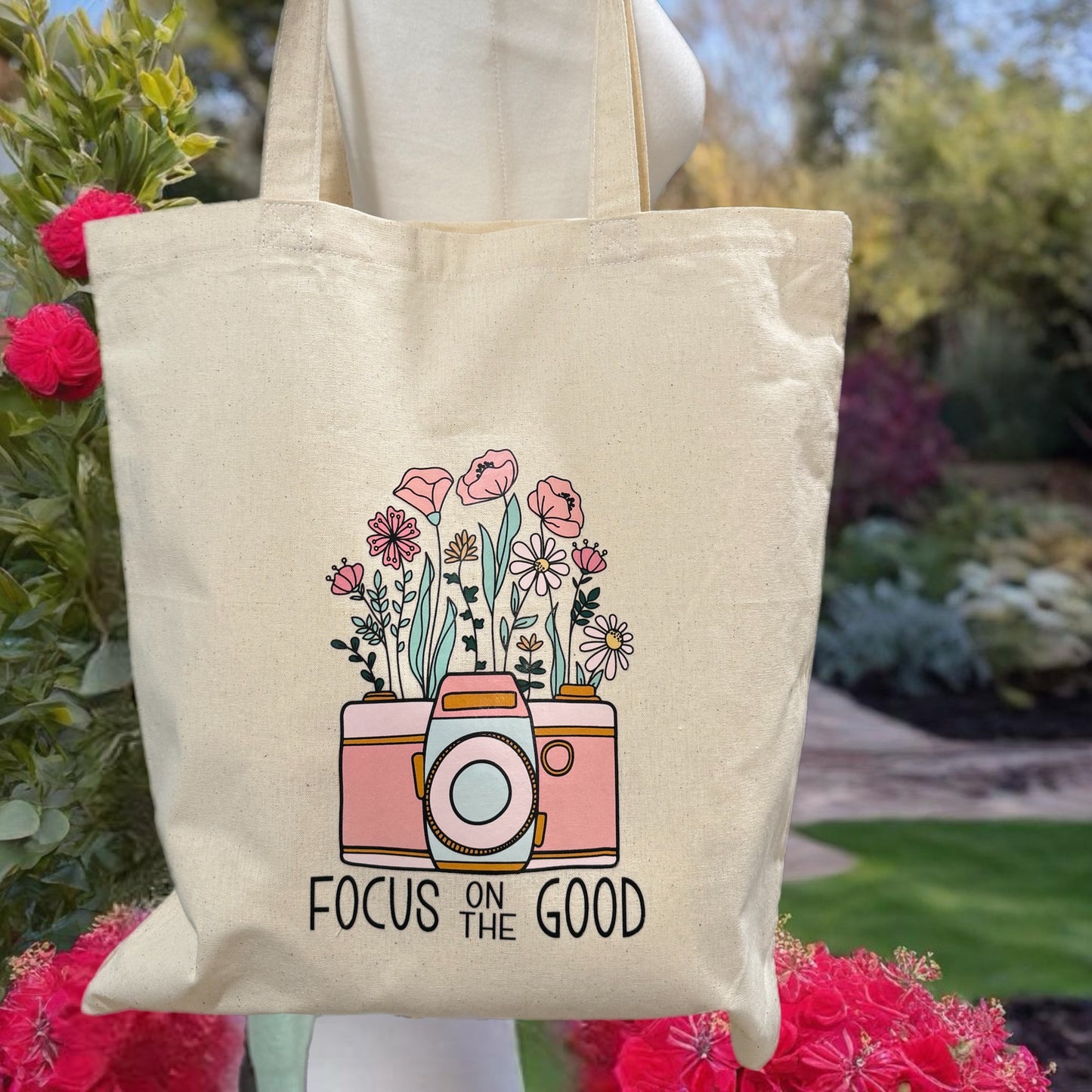 FOCUS ON THE GOOD Beige Canvas Tote Bag Groceries, Books, Travel, Beach Bag