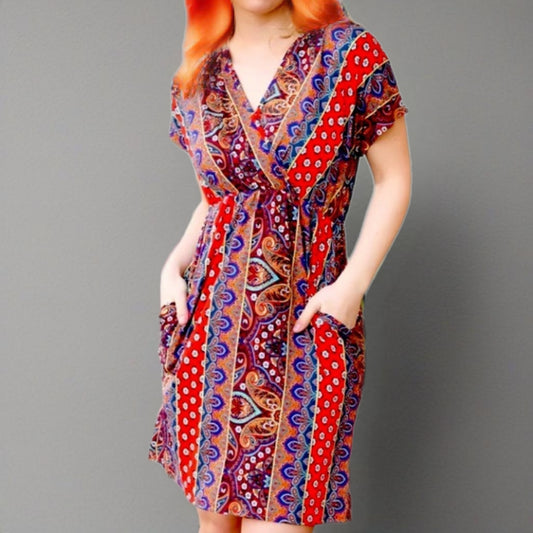 HAPTICS By HOLLY HARPER Sunset Orange Boho Paisley V Neck Dress S, M, L