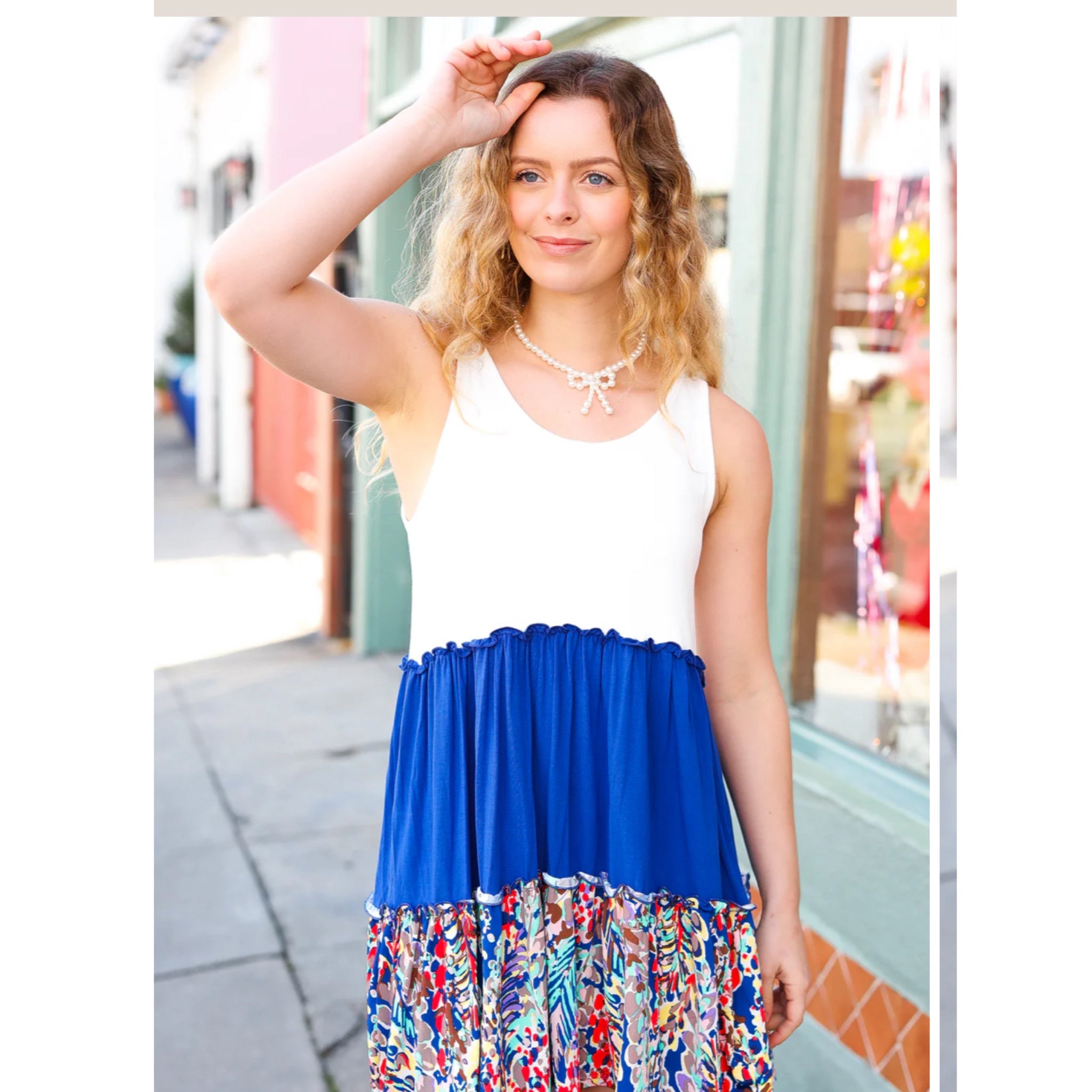 Beeson River Dress Ivory Color Block Royal Blue Floral Accent Sleeveless (S-XL)