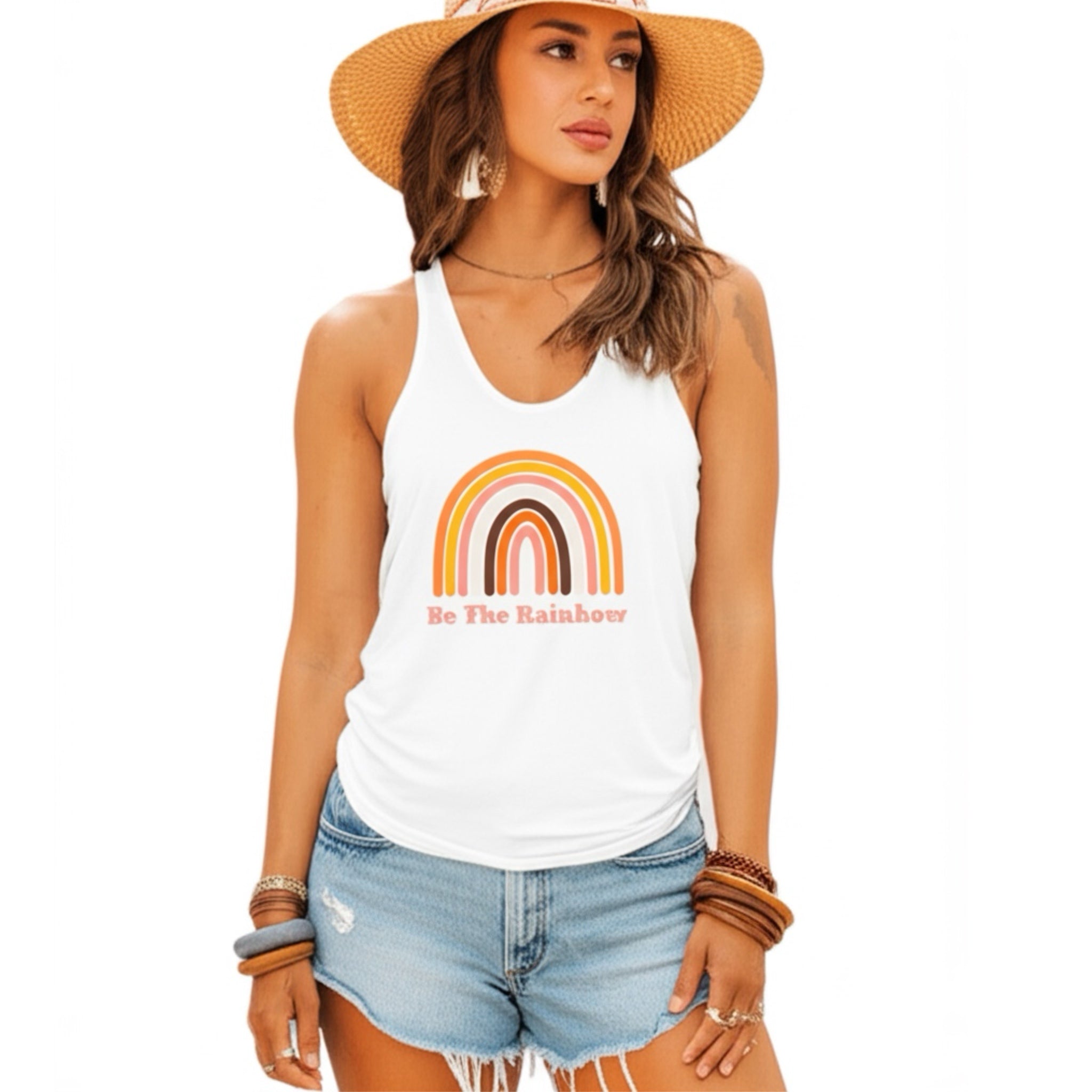 Be The Rainbow White Tank Top Boho Graphic Racer Back