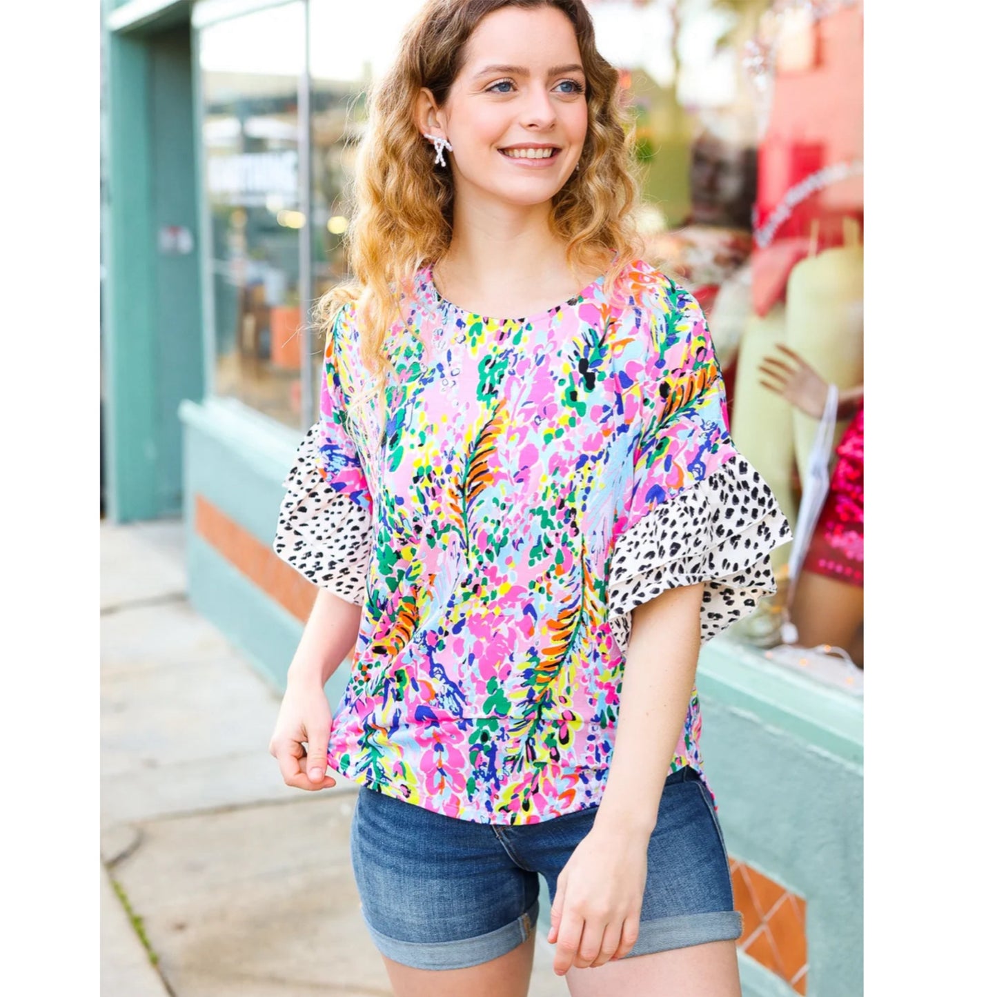 Beeson River Top Feeling Bold Fuchsia Floral & Animal Print Ruffle Summer Short Sleeve (S, M, L)