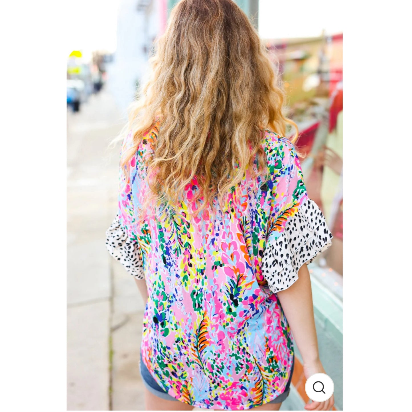 Beeson River Top Feeling Bold Fuchsia Floral & Animal Print Ruffle Summer Short Sleeve (S, M, L)