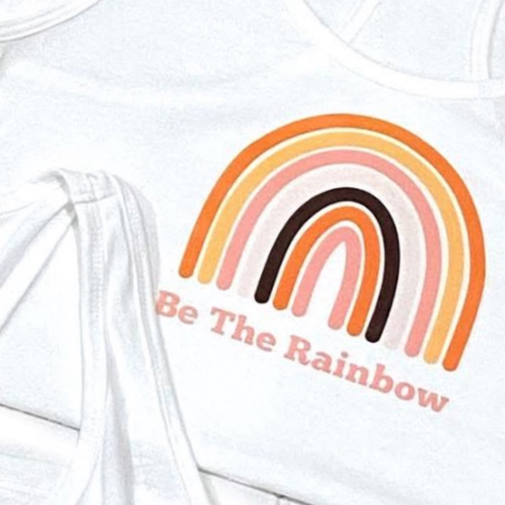 Be The Rainbow White Tank Top Boho Graphic Racer Back