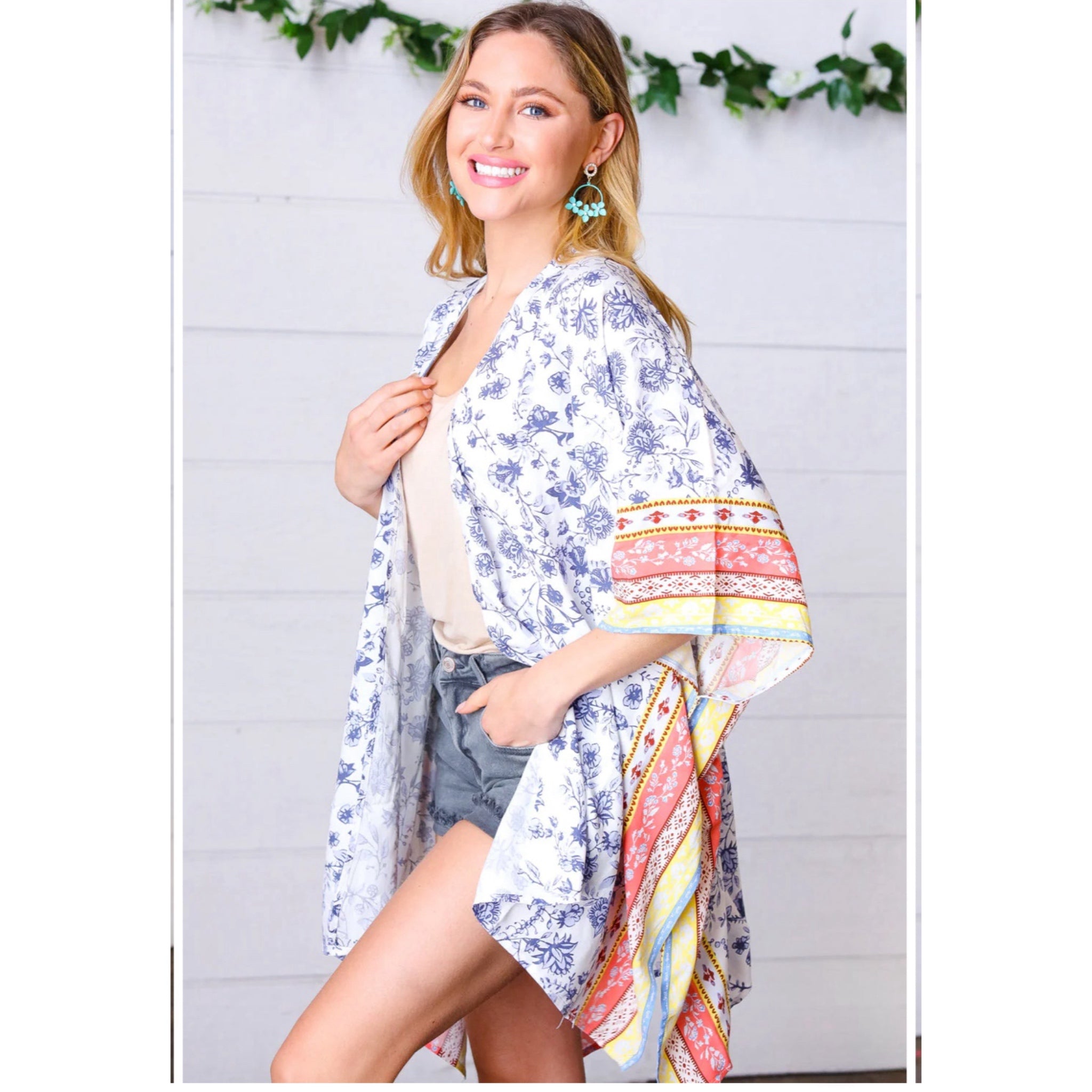 Boho Floral Border Print Rayon Poplin Kimono Elbow Sleeve Cover Up