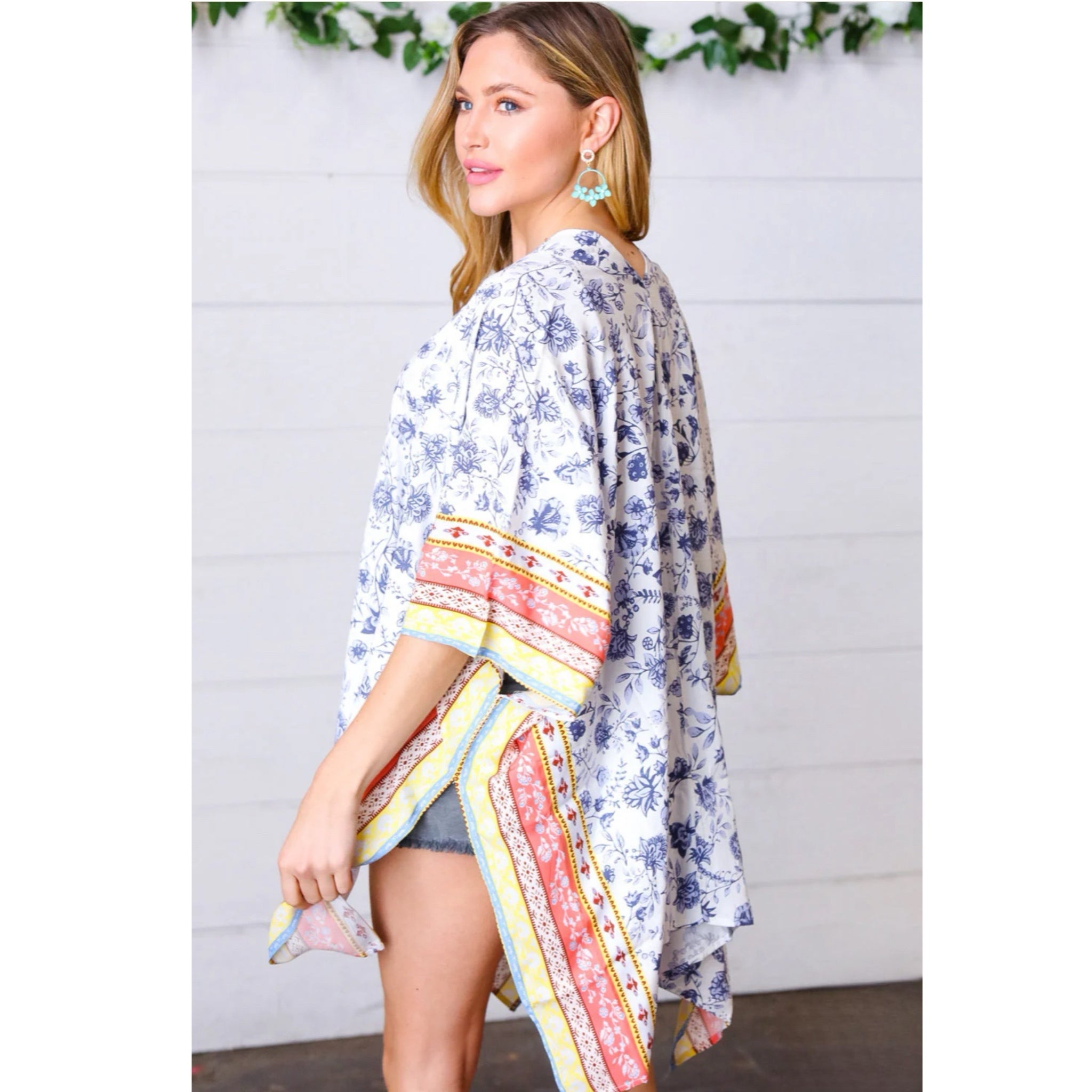 Boho Floral Border Print Rayon Poplin Kimono Elbow Sleeve Cover Up