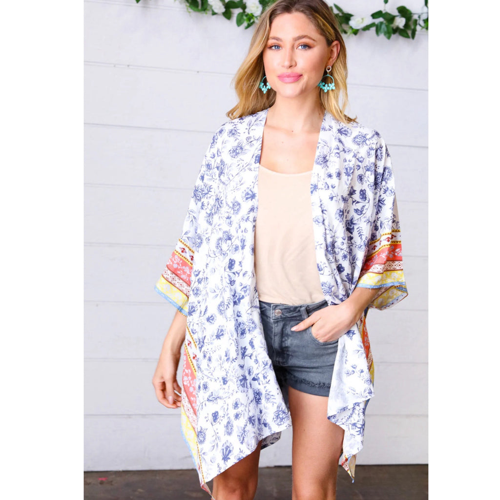 Boho Floral Border Print Rayon Poplin Kimono Elbow Sleeve Cover Up