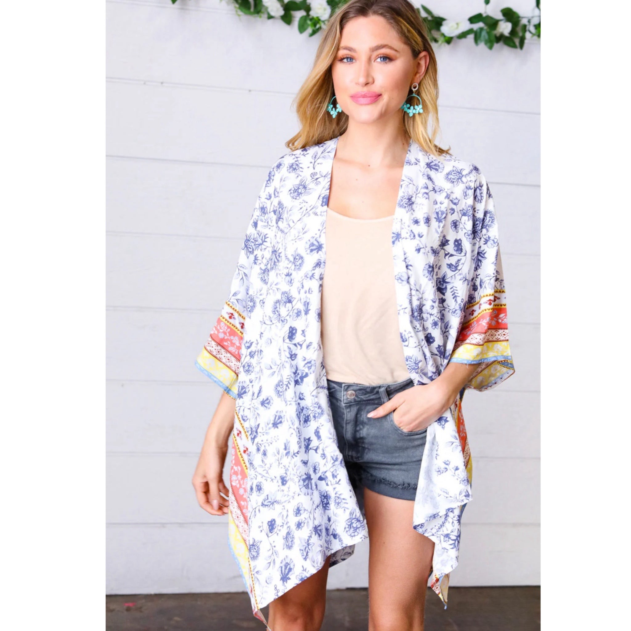 Boho Floral Border Print Rayon Poplin Kimono Elbow Sleeve Cover Up