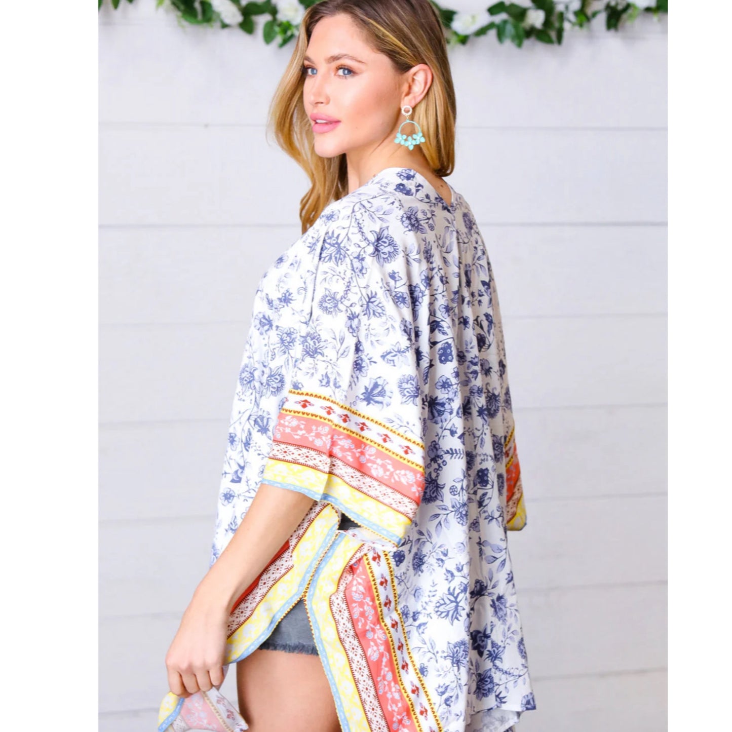 Boho Floral Border Print Rayon Poplin Kimono Elbow Sleeve Cover Up Size Small Only