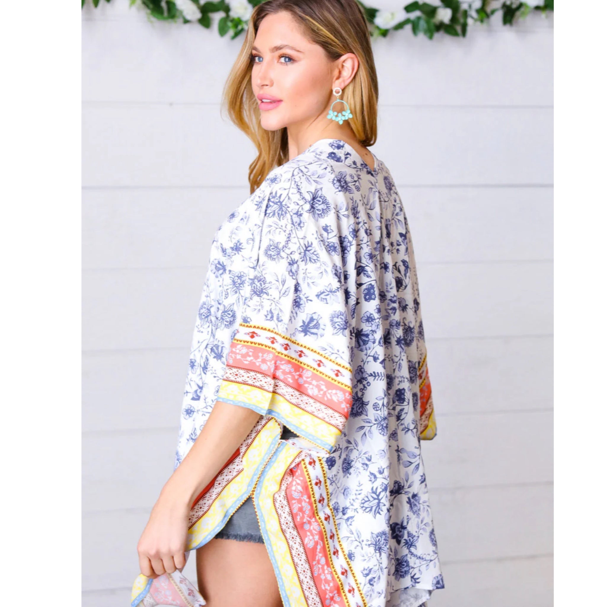Boho Floral Border Print Rayon Poplin Kimono Elbow Sleeve Cover Up