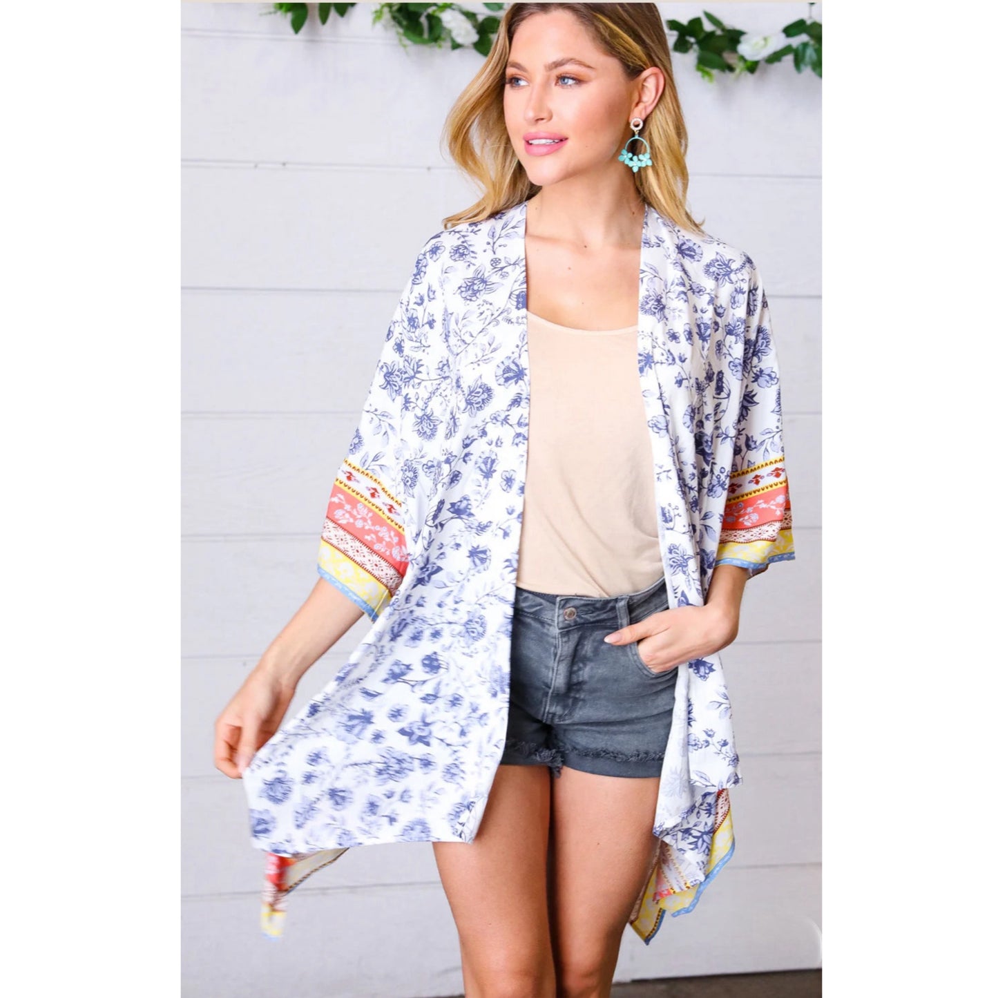 Boho Floral Border Print Rayon Poplin Kimono Elbow Sleeve Cover Up Size Small Only