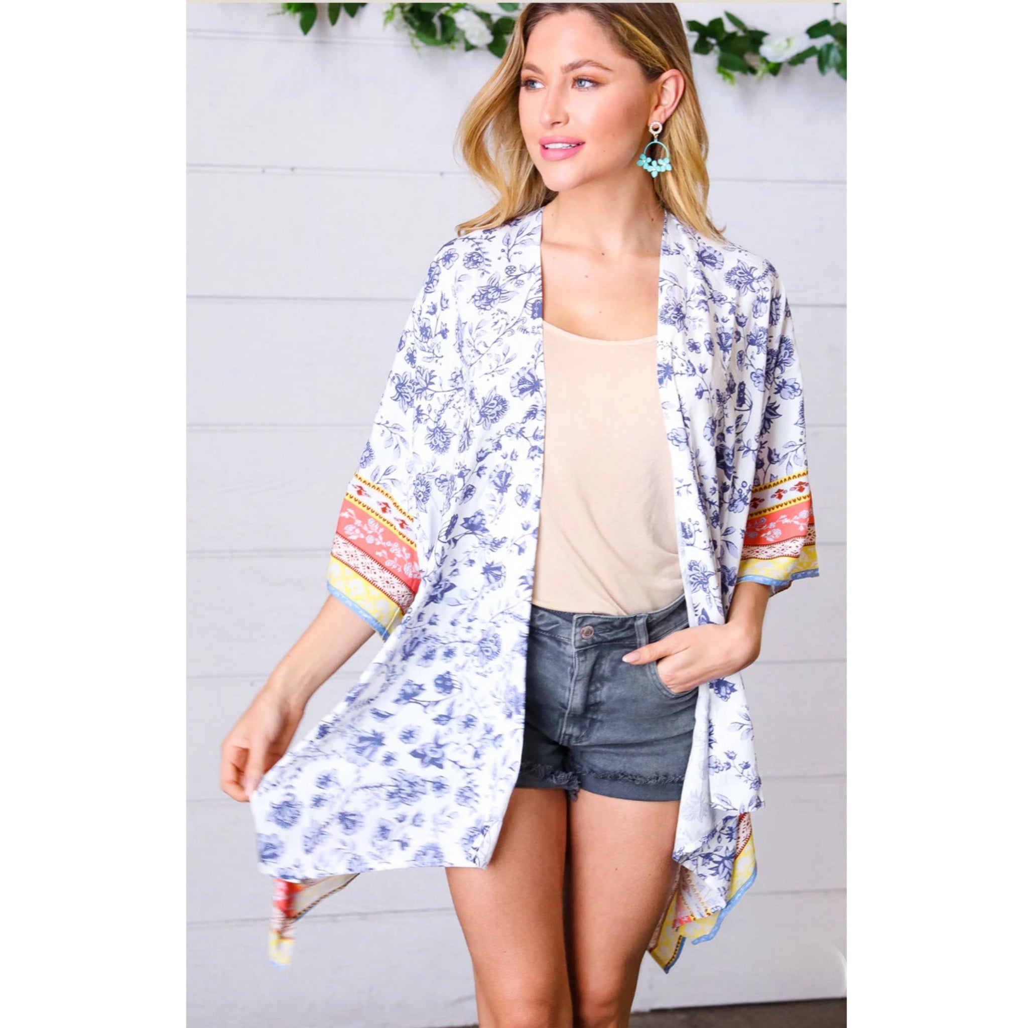 Boho Floral Border Print Rayon Poplin Kimono Elbow Sleeve Cover Up