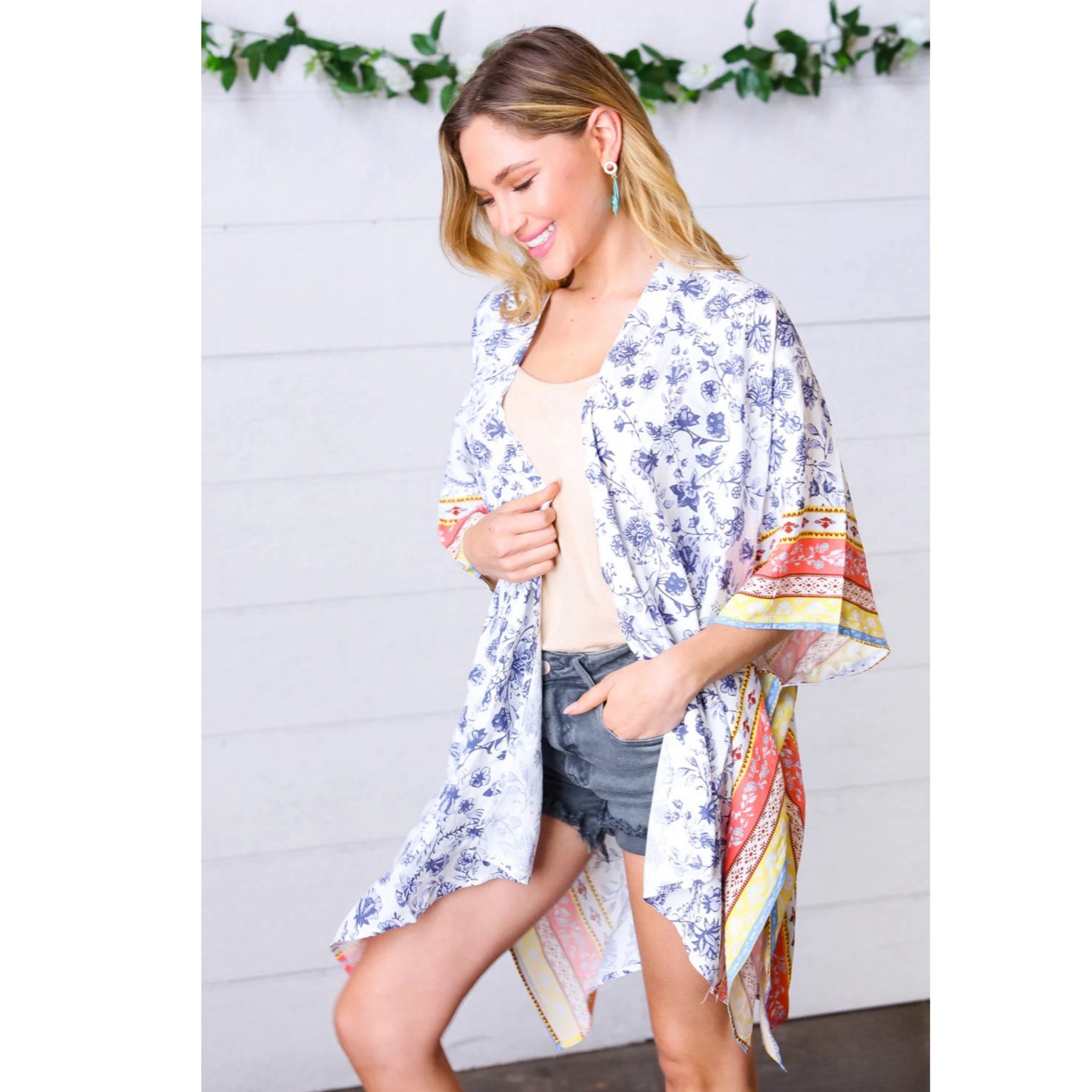 Boho Floral Border Print Rayon Poplin Kimono Elbow Sleeve Cover Up