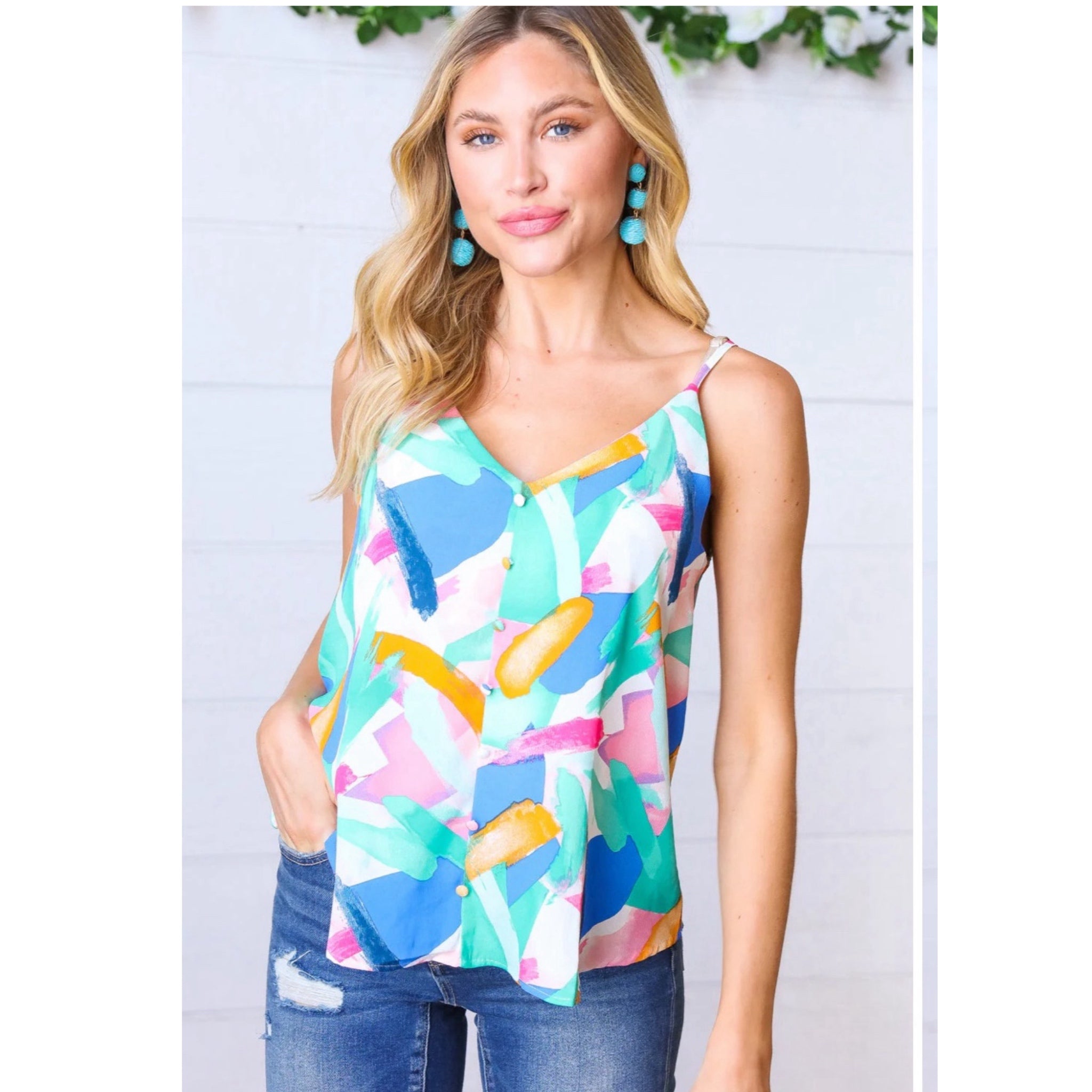 MINE Multicolor Paint Brush
Button Detail Sleeveless Top Cami Blouse