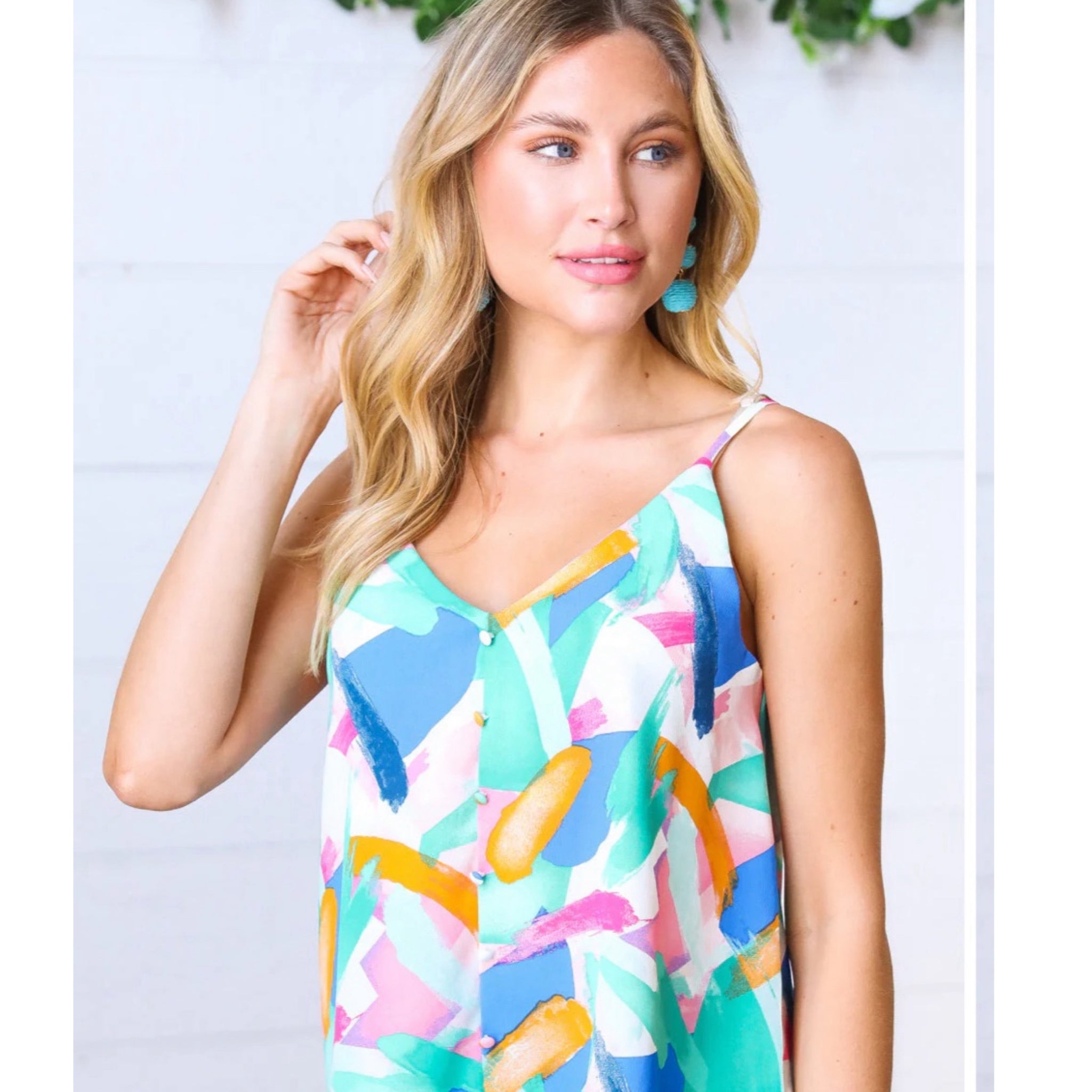 MINE Multicolor Paint Brush
Button Detail Sleeveless Top Cami Blouse
