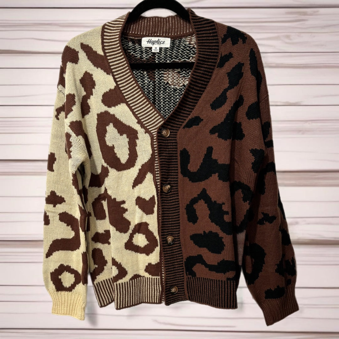 HAPTICS Taupe & Sepia Leopard Print Color Block Fall Buttoned Cardigan Sweater