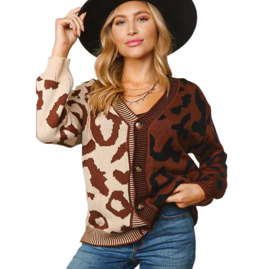 HAPTICS Taupe & Sepia Leopard Print Color Block Fall Buttoned Cardigan Sweater