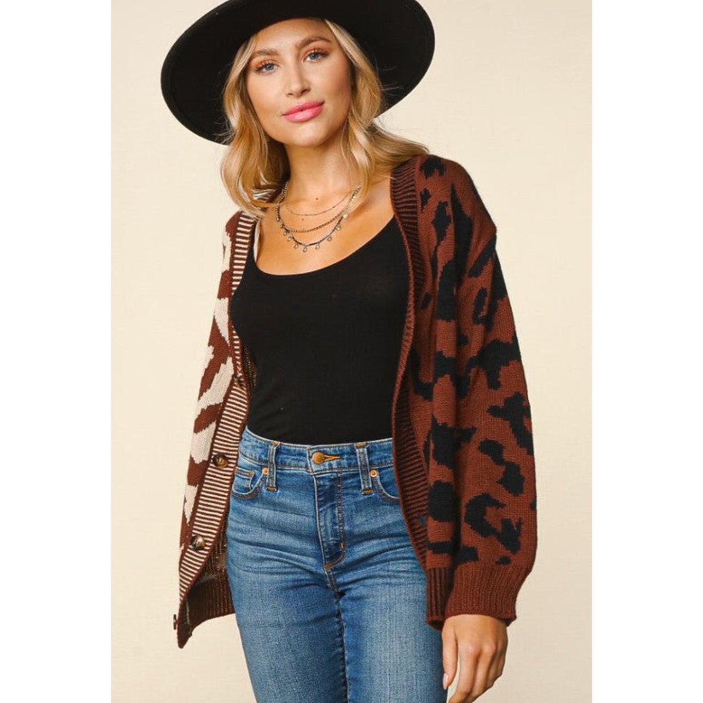 HAPTICS Taupe & Sepia Leopard Print Color Block Fall Buttoned Cardigan Sweater