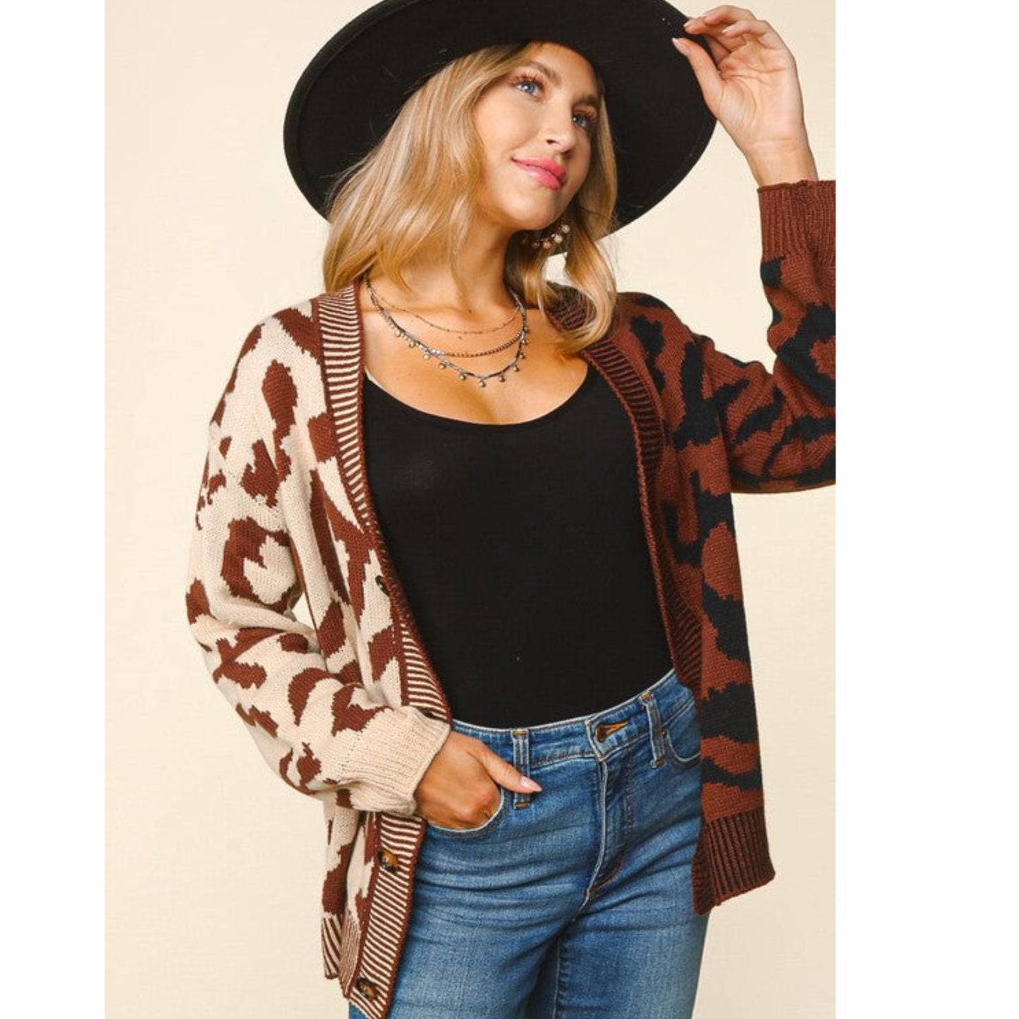 HAPTICS Taupe & Sepia Leopard Print Color Block Fall Buttoned Cardigan Sweater