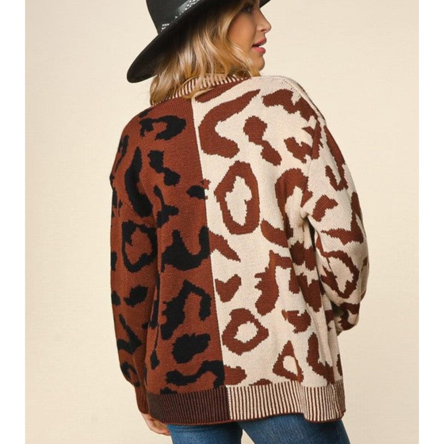 HAPTICS Taupe & Sepia Leopard Print Color Block Fall Buttoned Cardigan Sweater