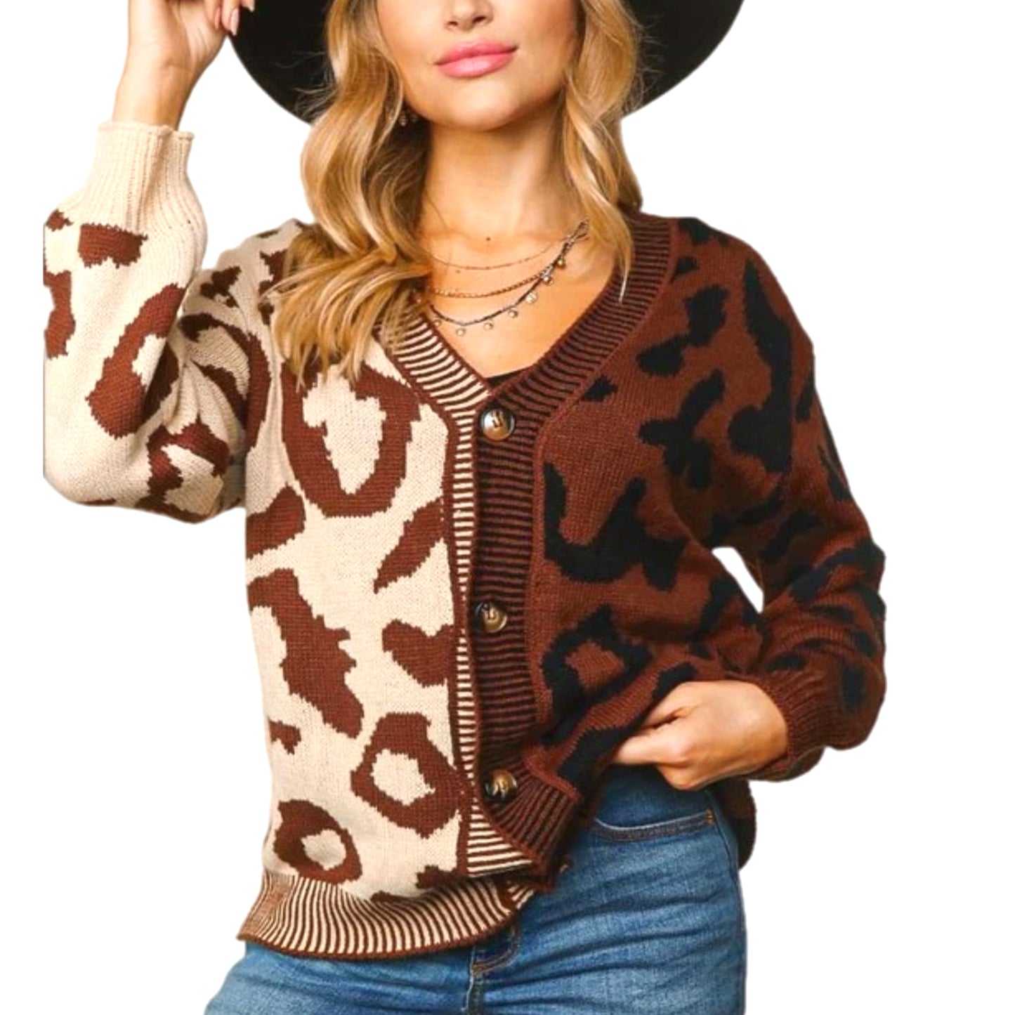 HAPTICS Taupe & Sepia Leopard Print Color Block Fall Buttoned Cardigan Sweater