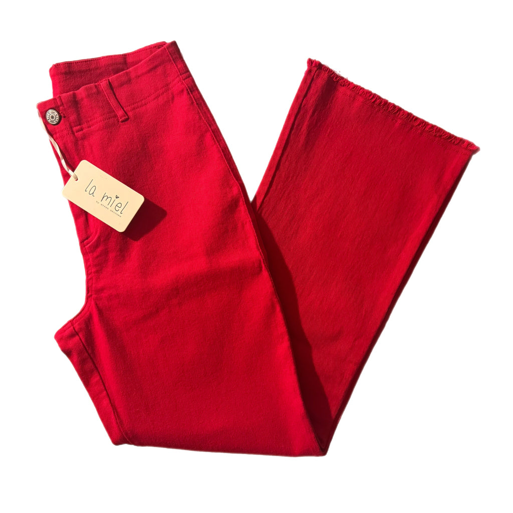 LA MIEL High-Rise Raw Hem Stretch Ankle Flare Pants in Red