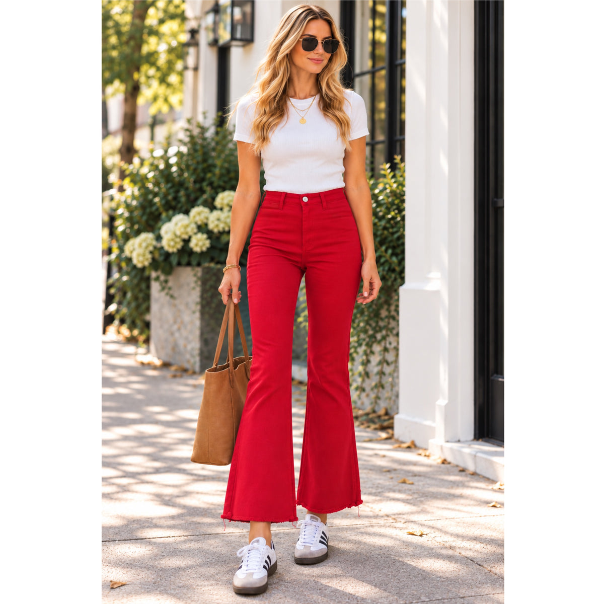 LA MIEL High-Rise Raw Hem Stretch Ankle Flare Pants in Red