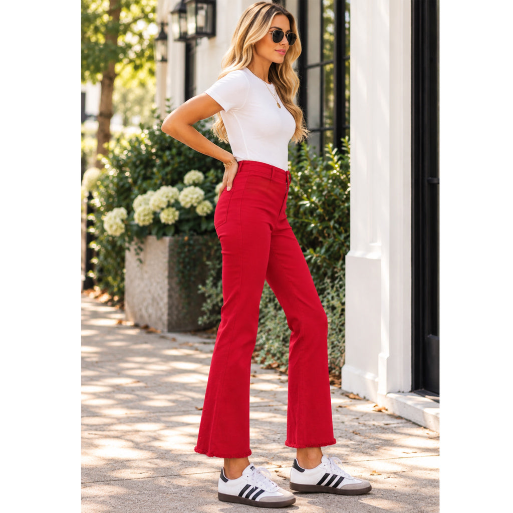 LA MIEL High-Rise Raw Hem Stretch Ankle Flare Pants in Red