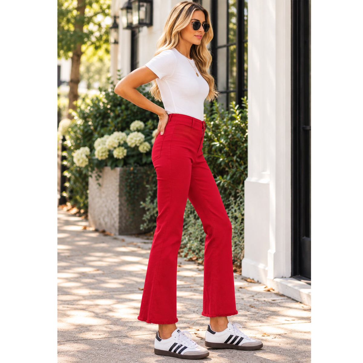 LA MIEL High-Rise Raw Hem Stretch Ankle Flare Pants in Red