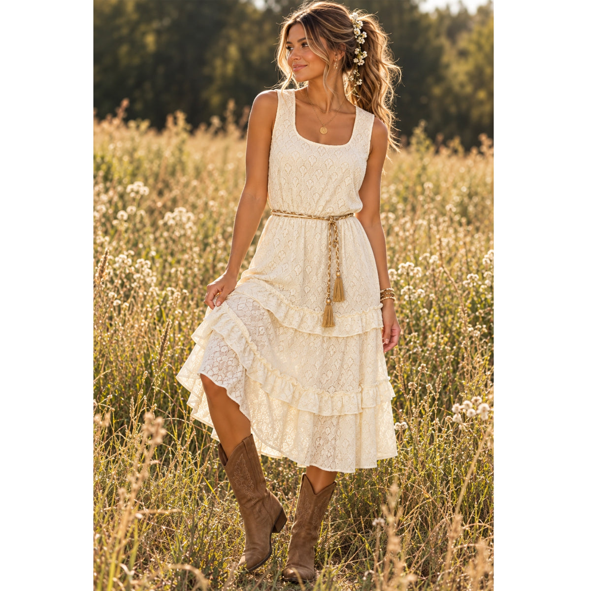 KATE AND LILY Women’s Lace Boho Daydream Midi Dress Sleeveless Cream Ruffle