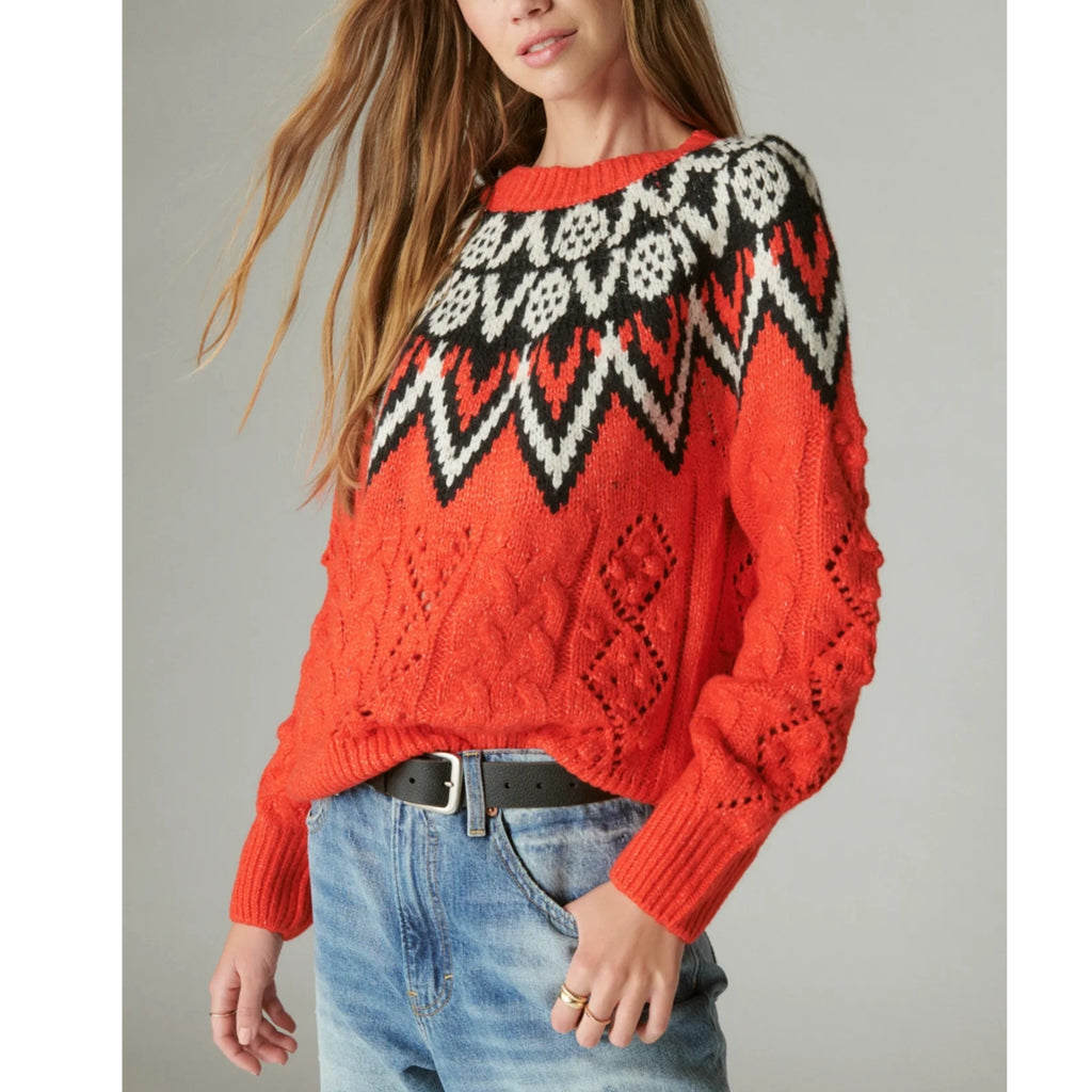 LUCKY BRAND Women’s Fair Isle Sweater Red Multi Chunky Knit
