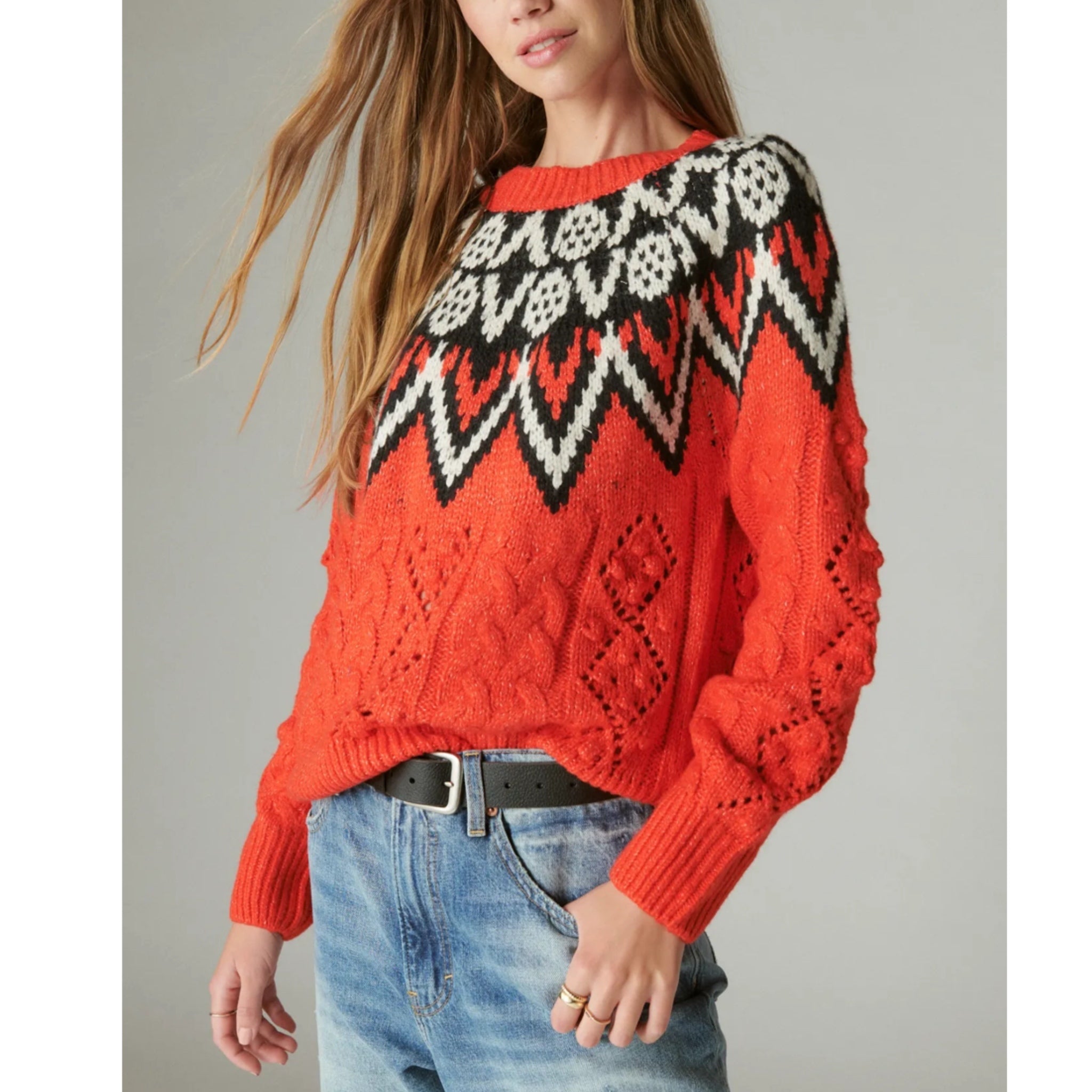LUCKY BRAND Women’s Fair Isle Sweater Red Multi Chunky Knit