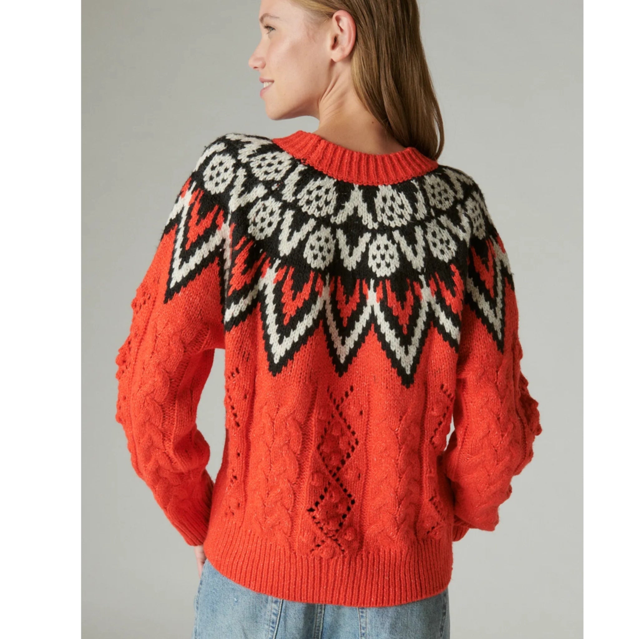 LUCKY BRAND Women’s Fair Isle Sweater Red Multi Chunky Knit