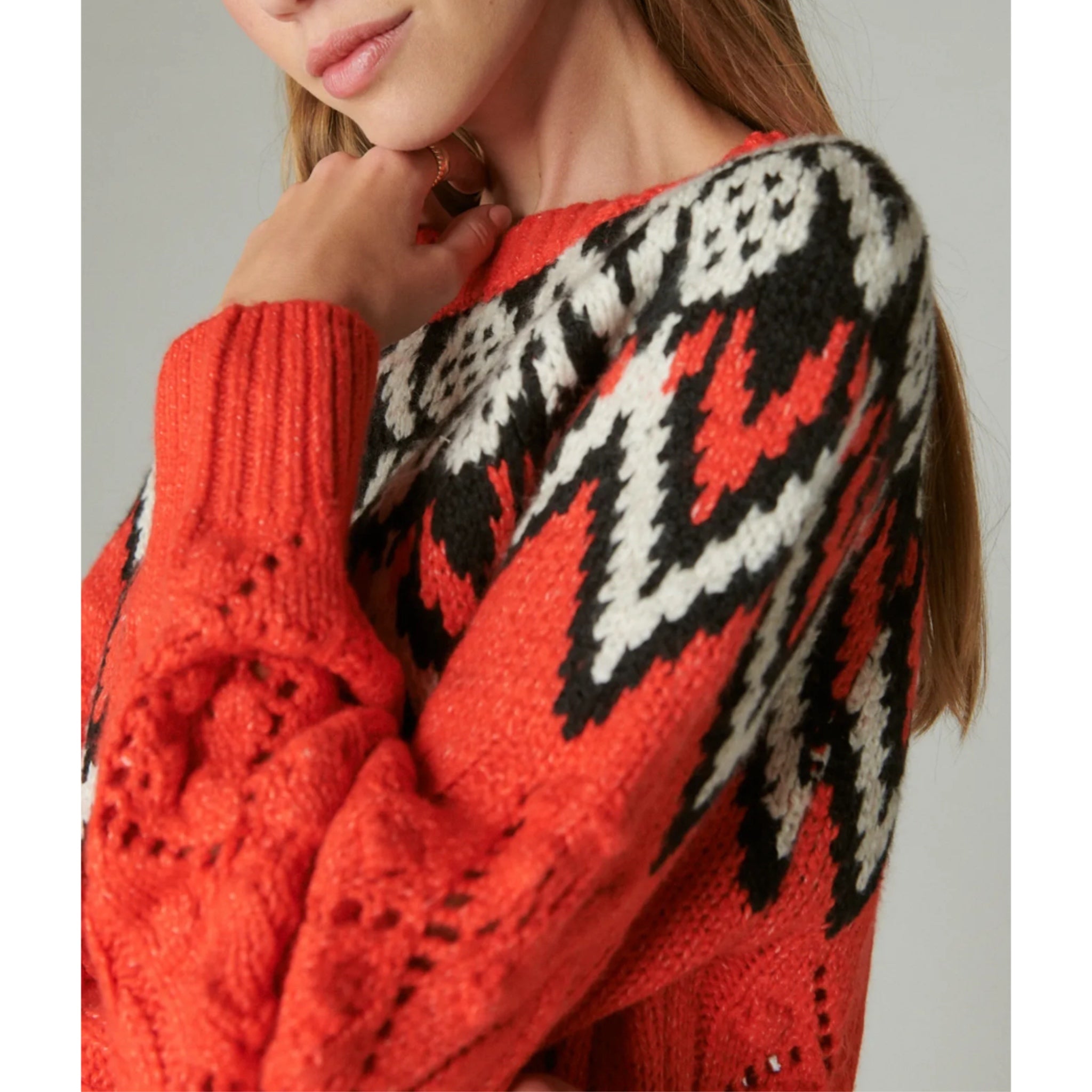 LUCKY BRAND Women’s Fair Isle Sweater Red Multi Chunky Knit