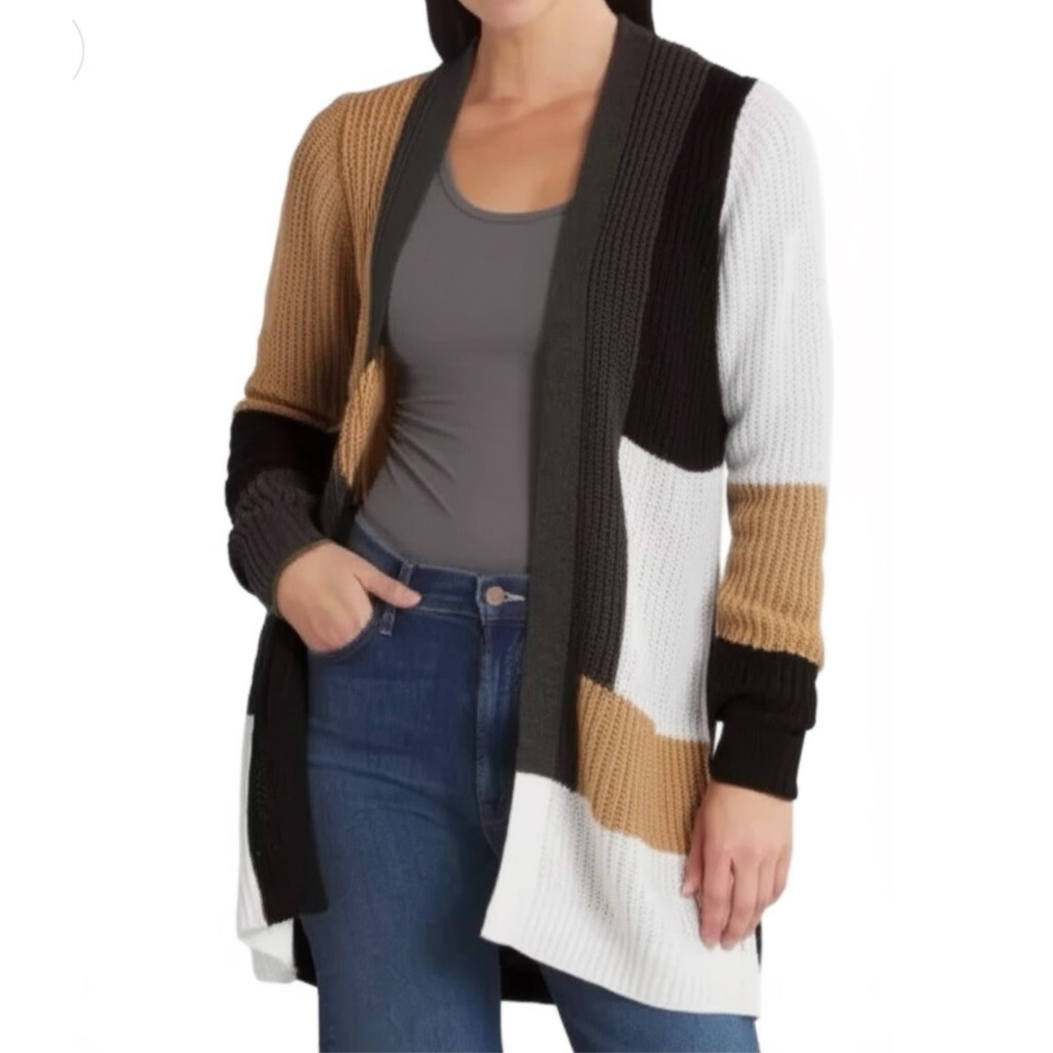 Fortune & Ivy Stitch Fix Beige Black Colorblock Cardigan Sweater