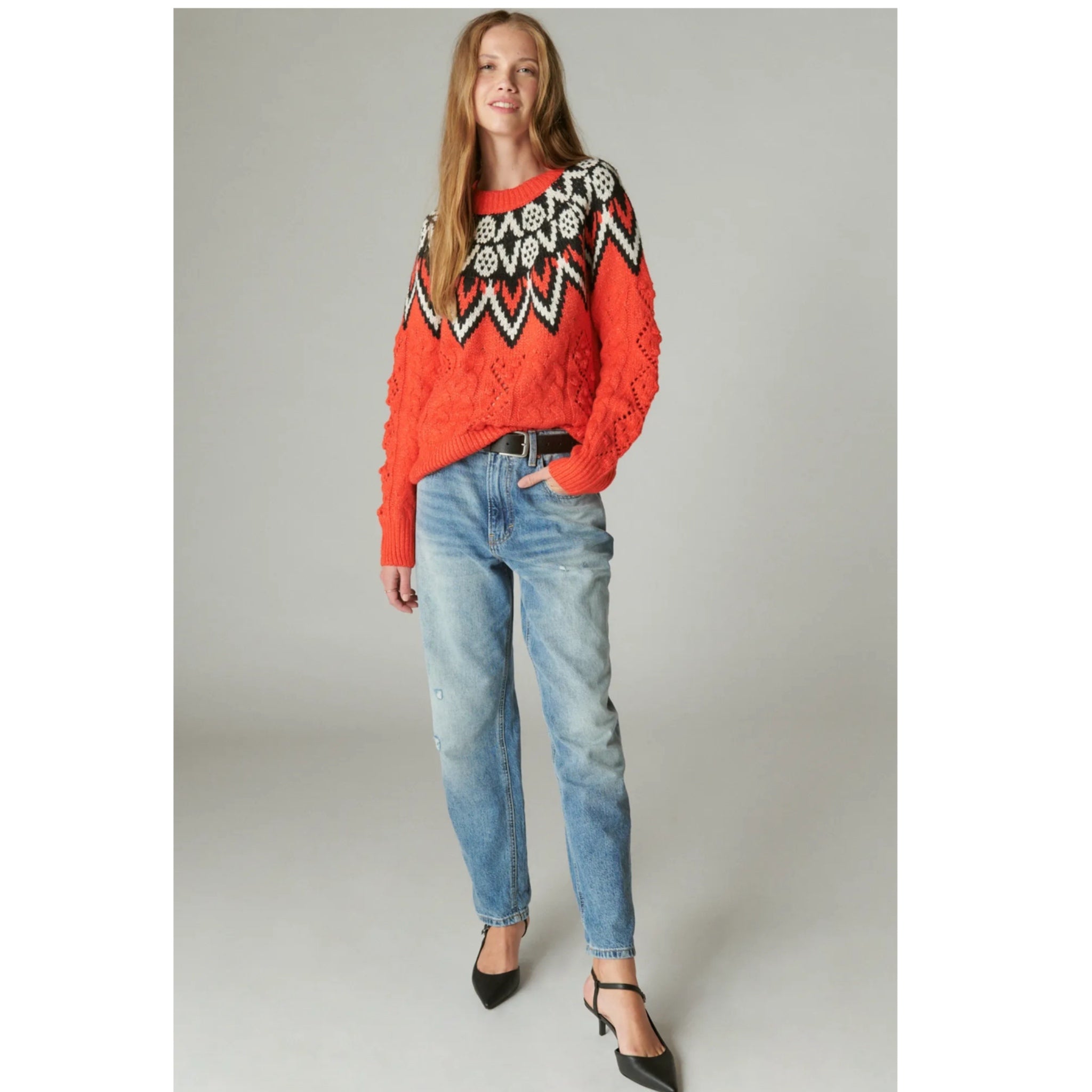 LUCKY BRAND Women’s Fair Isle Sweater Red Multi Chunky Knit