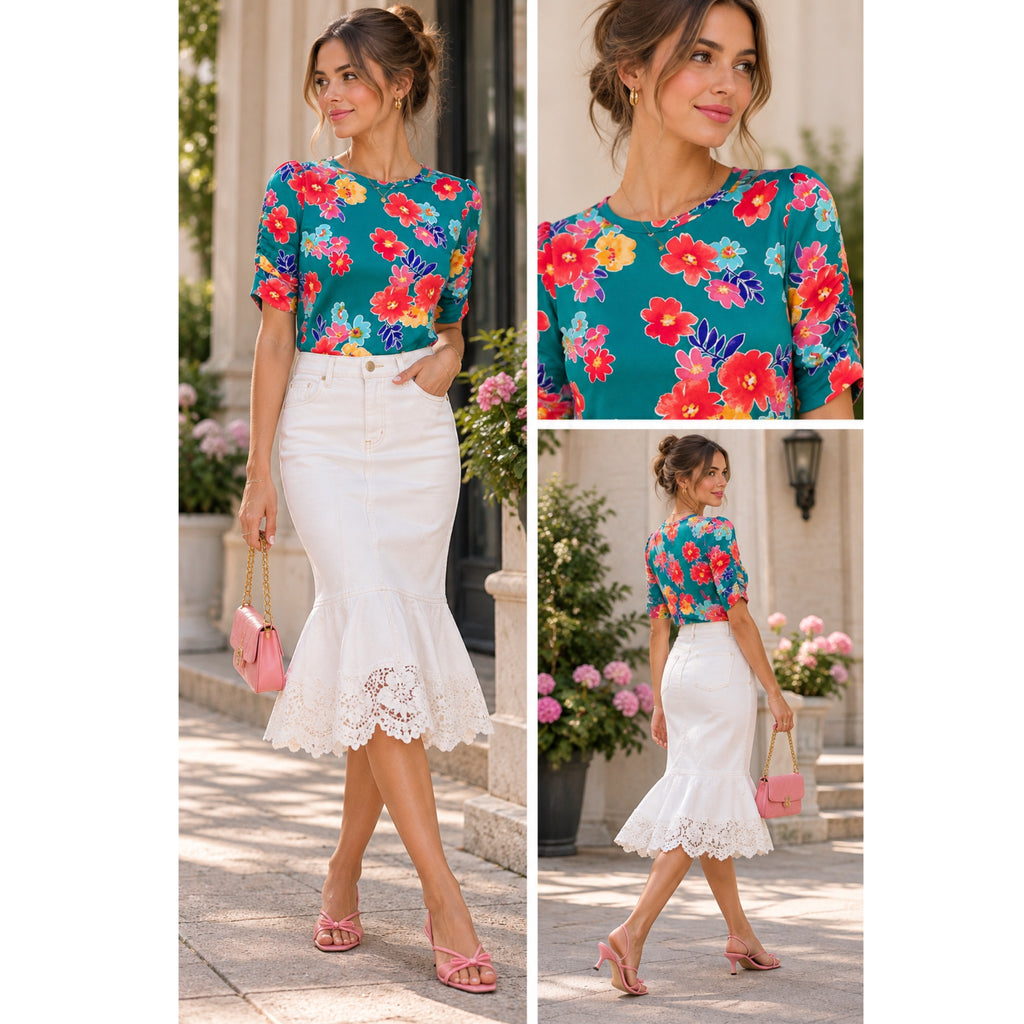 The Coastal Garden Shirred Sleeve Knit Top in Summer in Teal Botanical