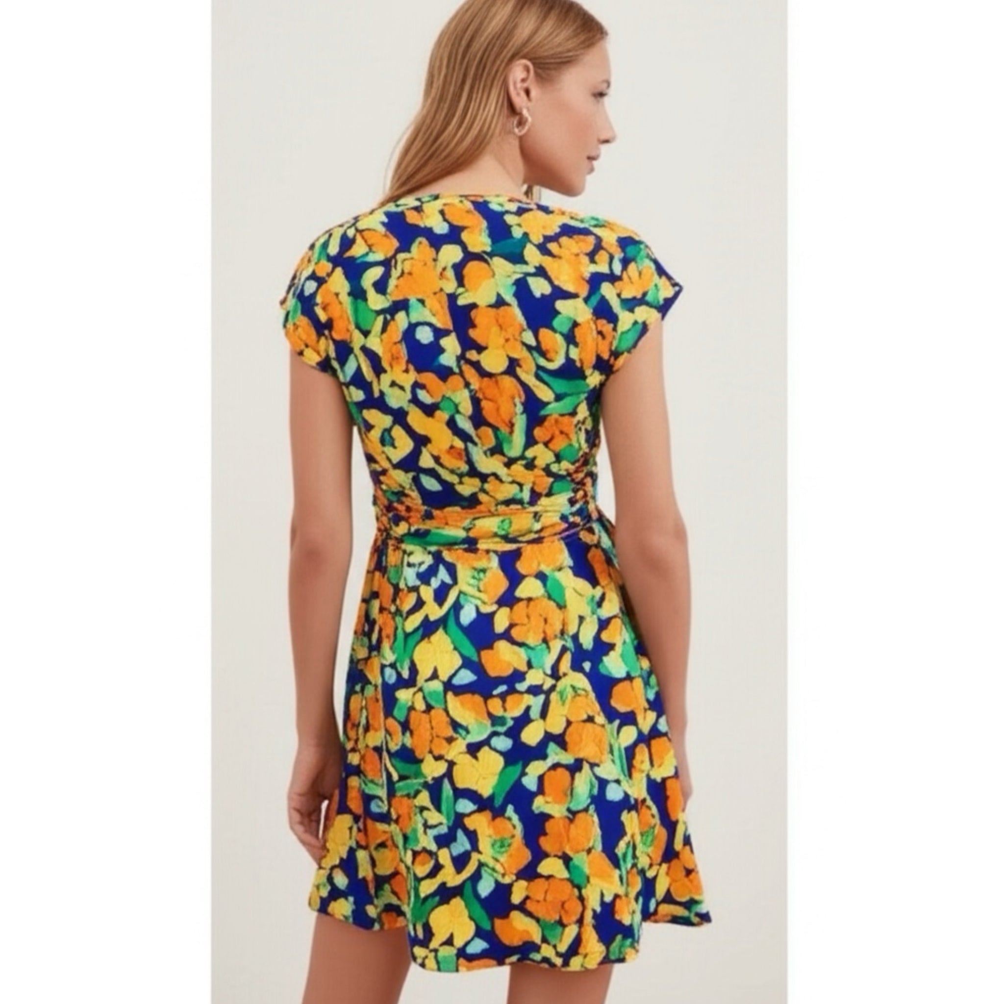 NINE WEST Wrap Dress Artful Abstract Floral Print Short Sleeve