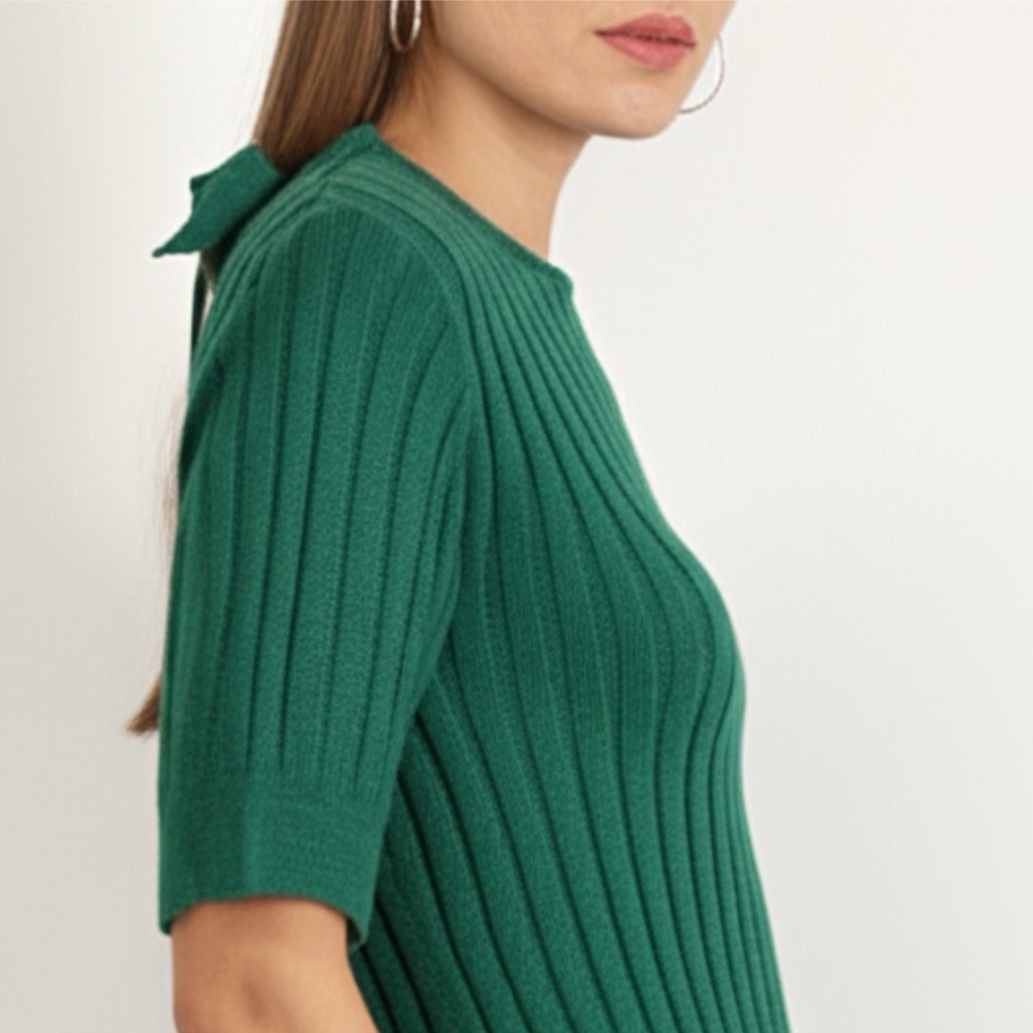 Les Serein Ribbed Short Sleeve Sweater Keyhole Tie Back Pine Green