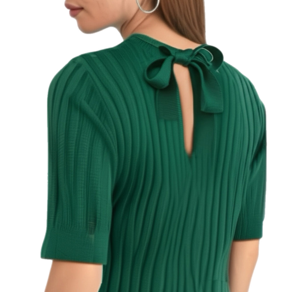 Les Serein Ribbed Short Sleeve Sweater Keyhole Tie Back Pine Green