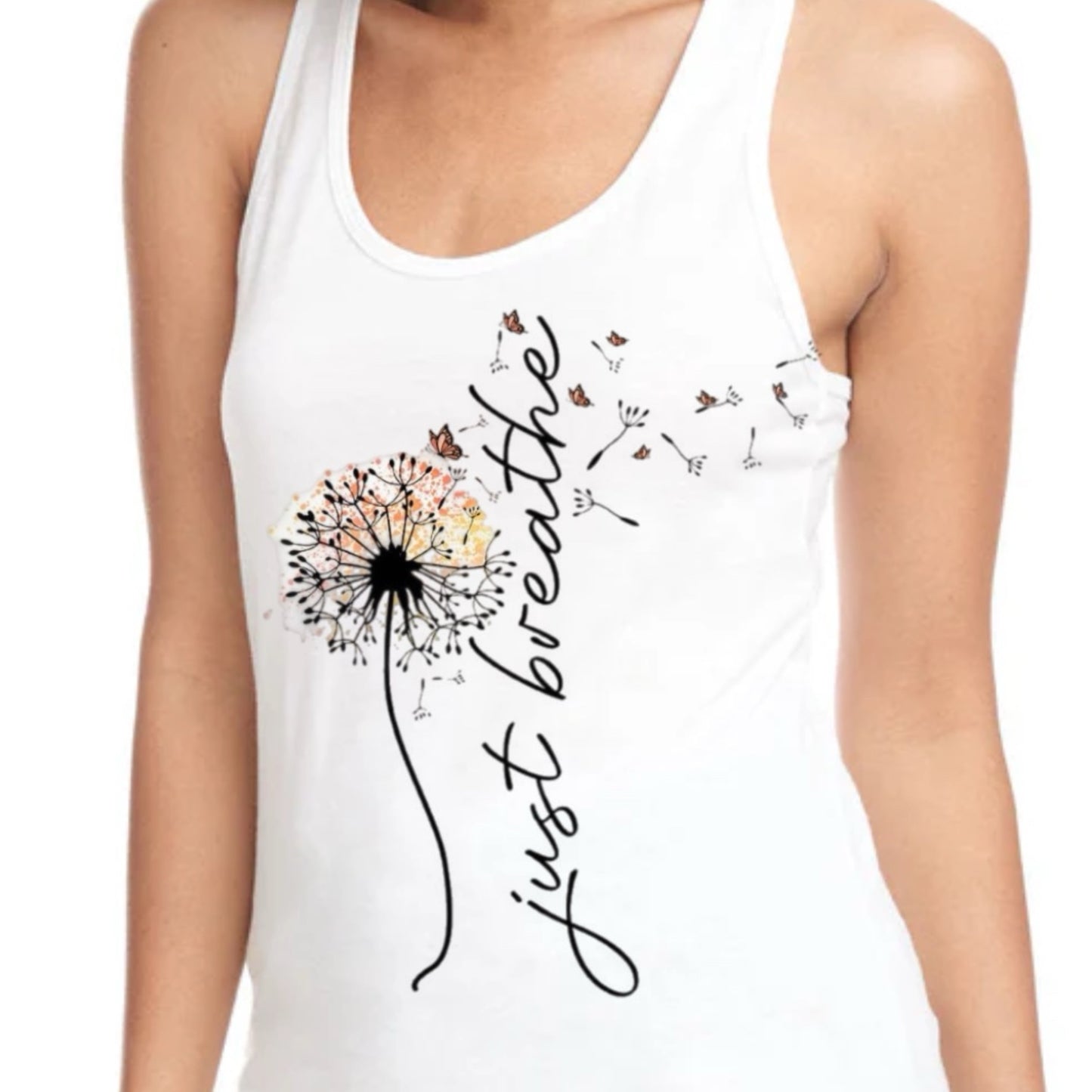 JUST BREATHE Women’s Graphic Tank Top Boho Style White Racer Back Flower