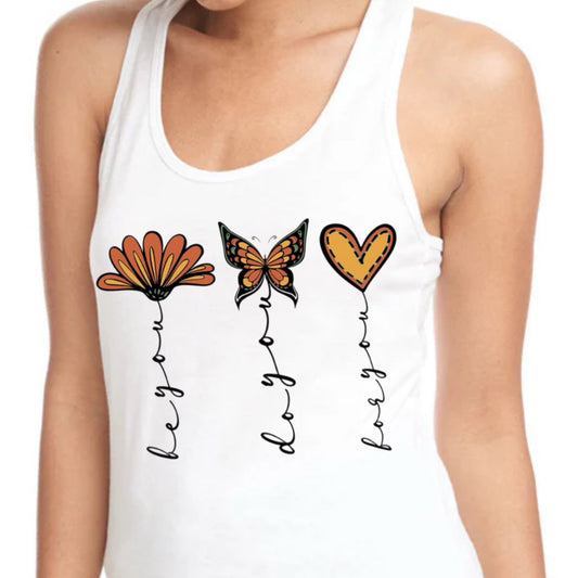 BE YOU Women’s Graphic Tank Top Butterfly Heart Boho Design Racer Back