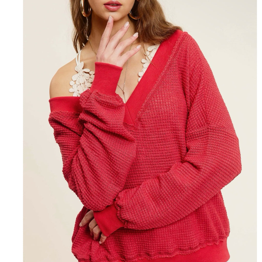 La Miel Waffle Knit V-Neck Sweater Long Sleeve Top in Coral Red
