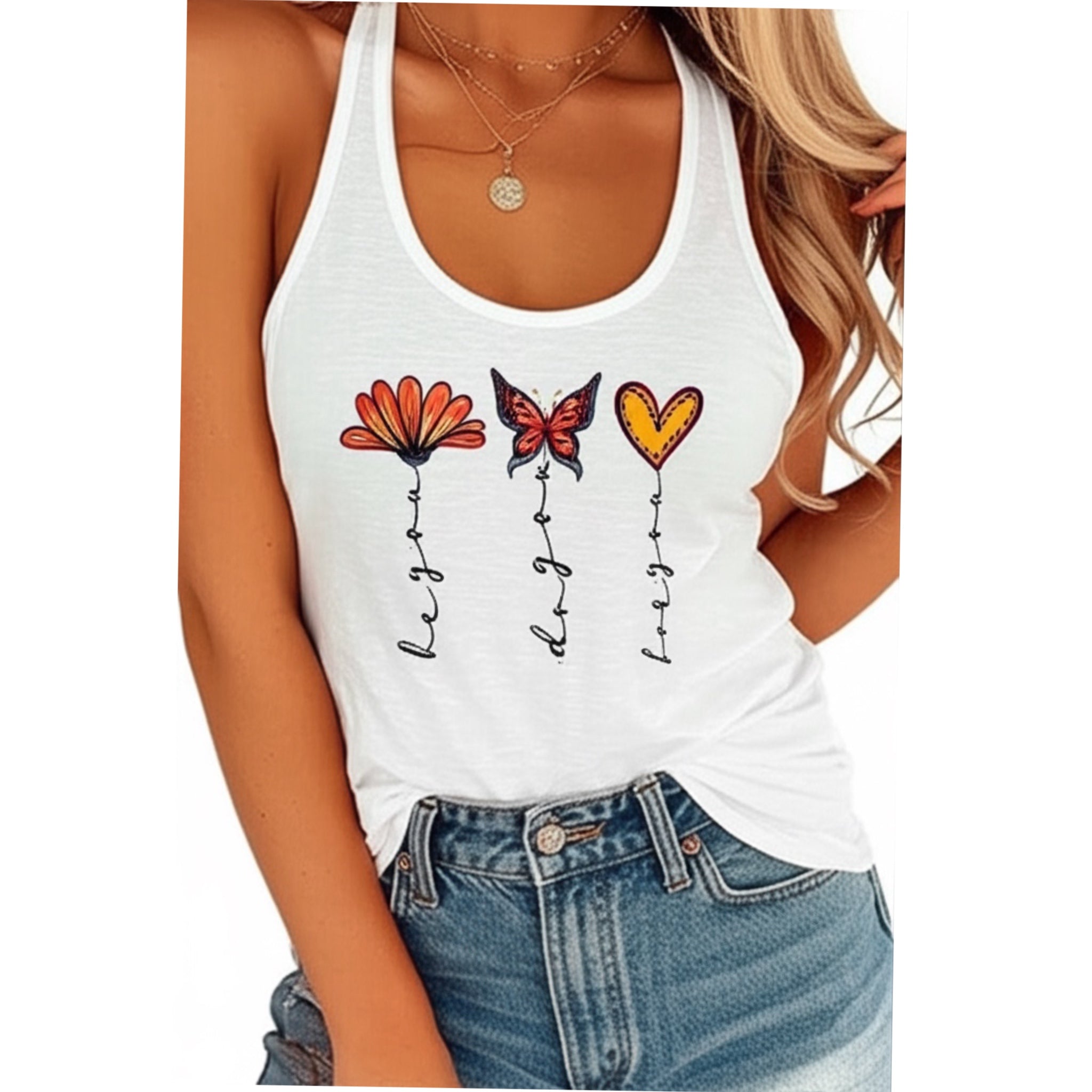 BE YOU Women’s Graphic Tank Top Butterfly Heart Boho Design Racer Back