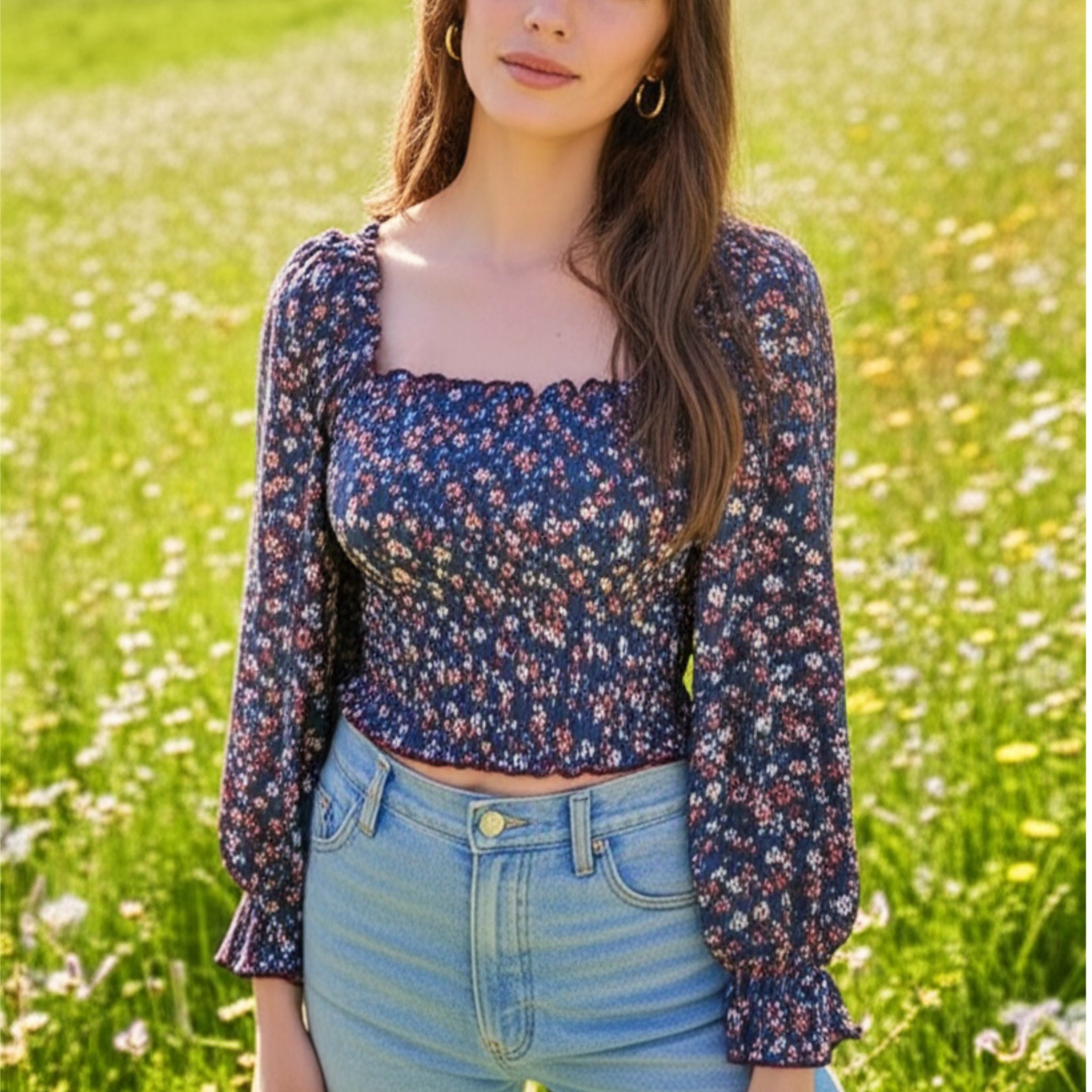 BAND OF THE FREE Cropped Purple Floral Smocked Long Sleeve Blouse