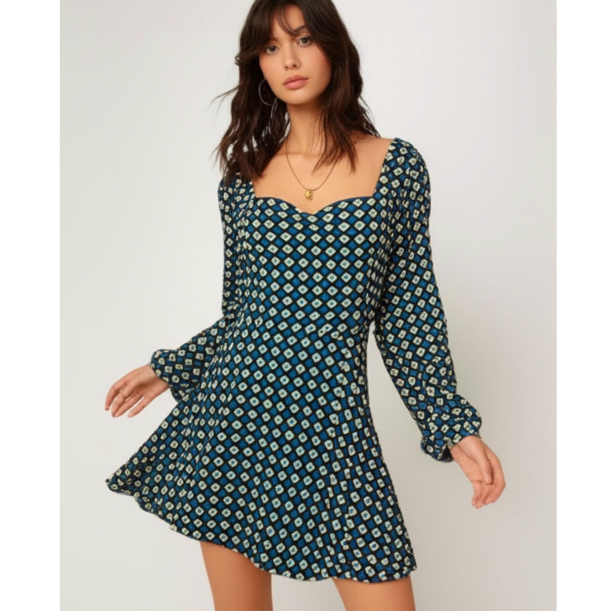 BAND OF THE FREE Genevieve Autumn Teal Diamond Long Sleeve Mini Dress
