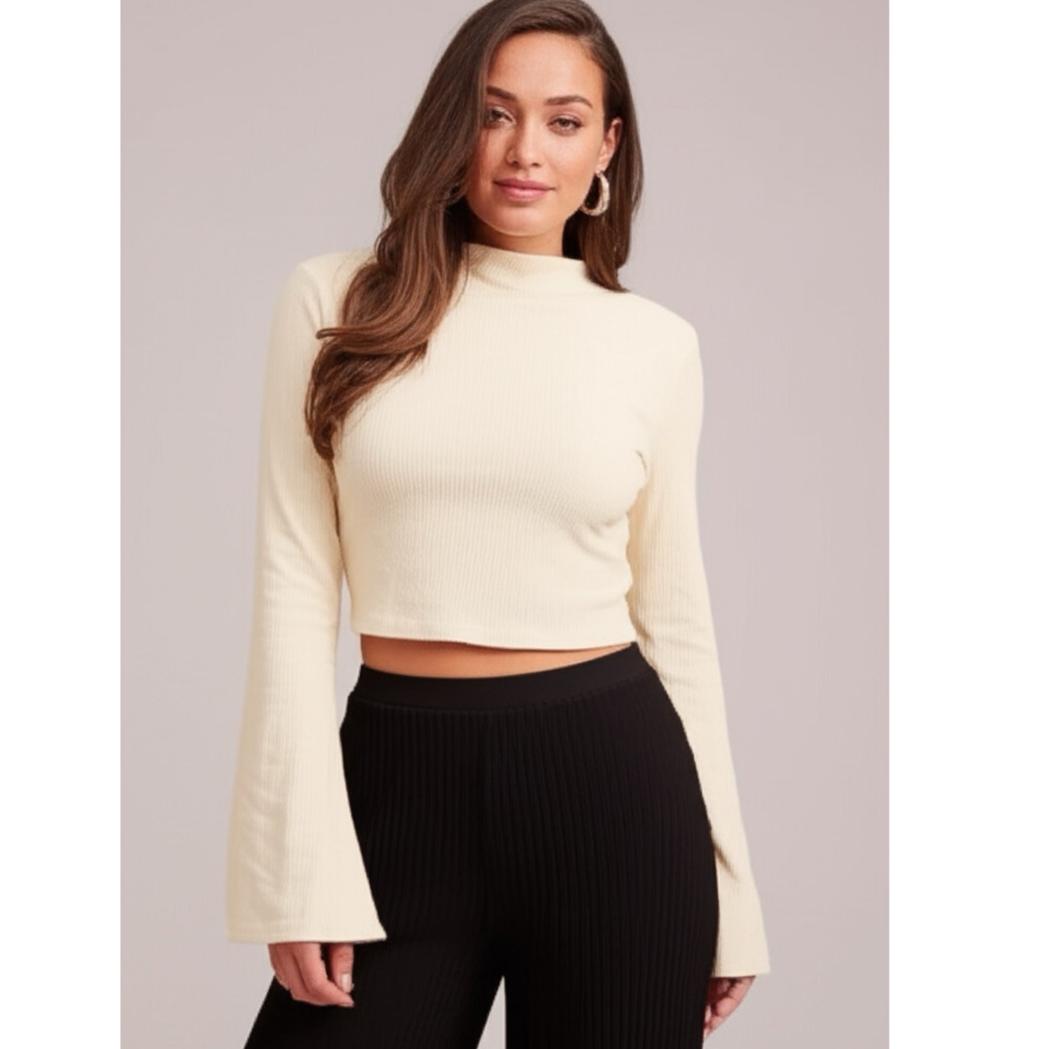 BAND OF THE FREE Avril Cream Mock Neck Top Cropped Blouse Long Sleeve