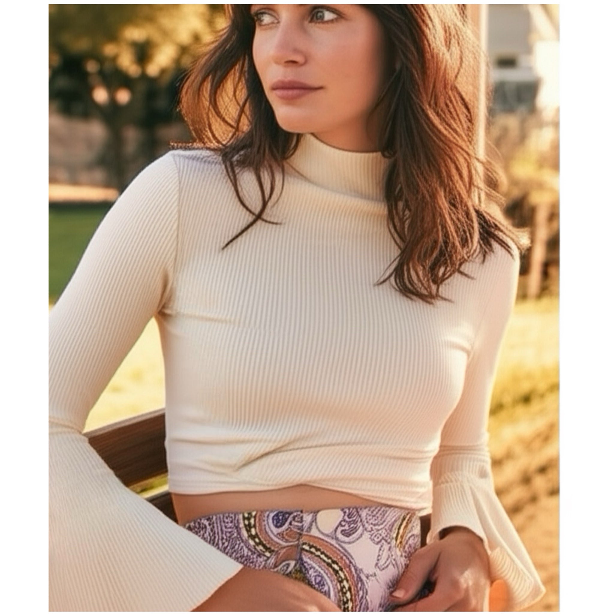 BAND OF THE FREE Avril Cream Mock Neck Top Cropped Blouse Long Sleeve