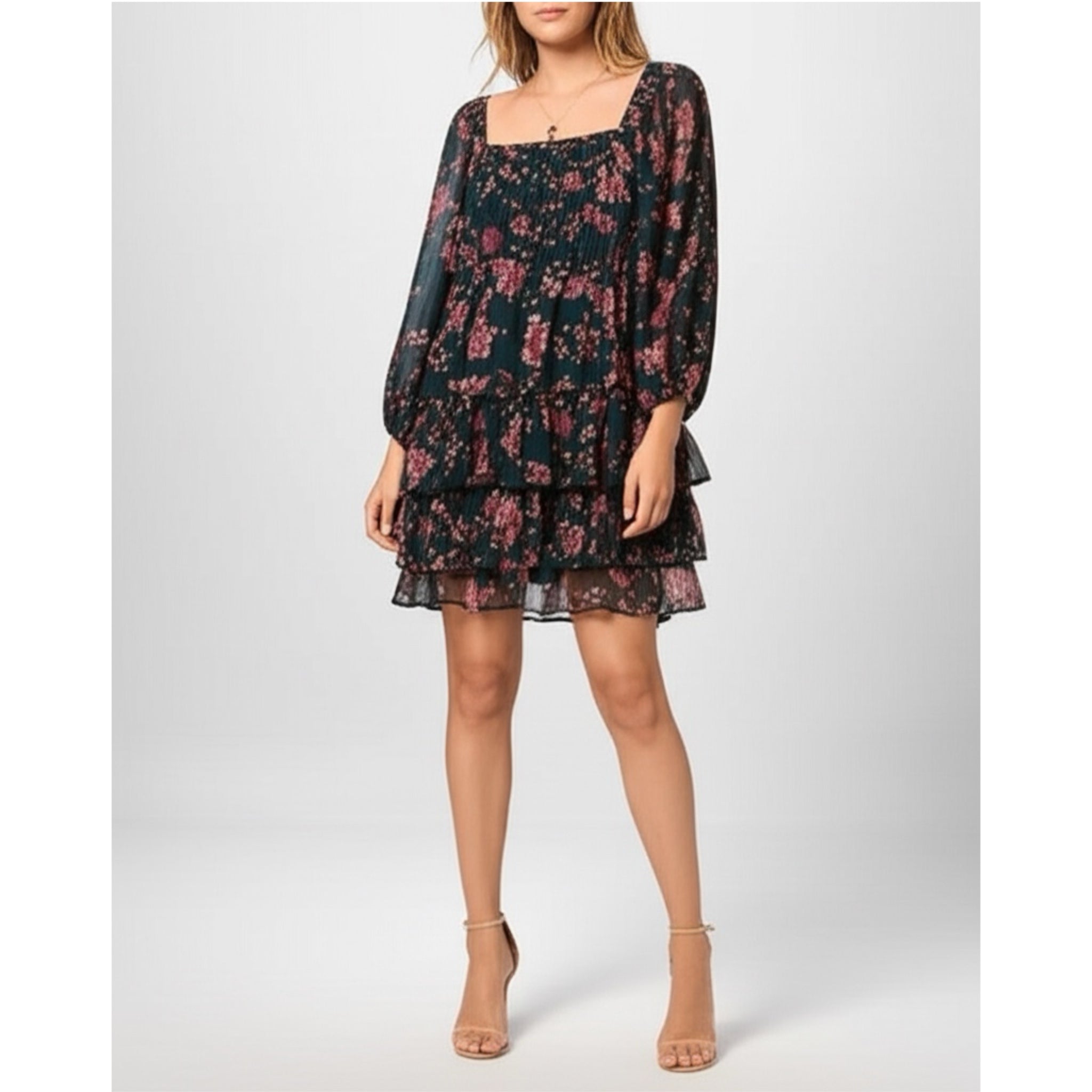 BAND OF THE FREE Mandy Floral Pine Berry Sheer Sleeve Dress Ruffle Hem