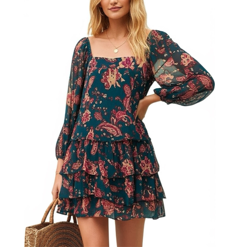 BAND OF THE FREE Mandy Floral Pine Berry Sheer Sleeve Dress Ruffle Hem